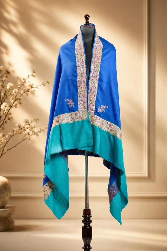 Double Shaded Blue and Teal Shawl with Tilla Border