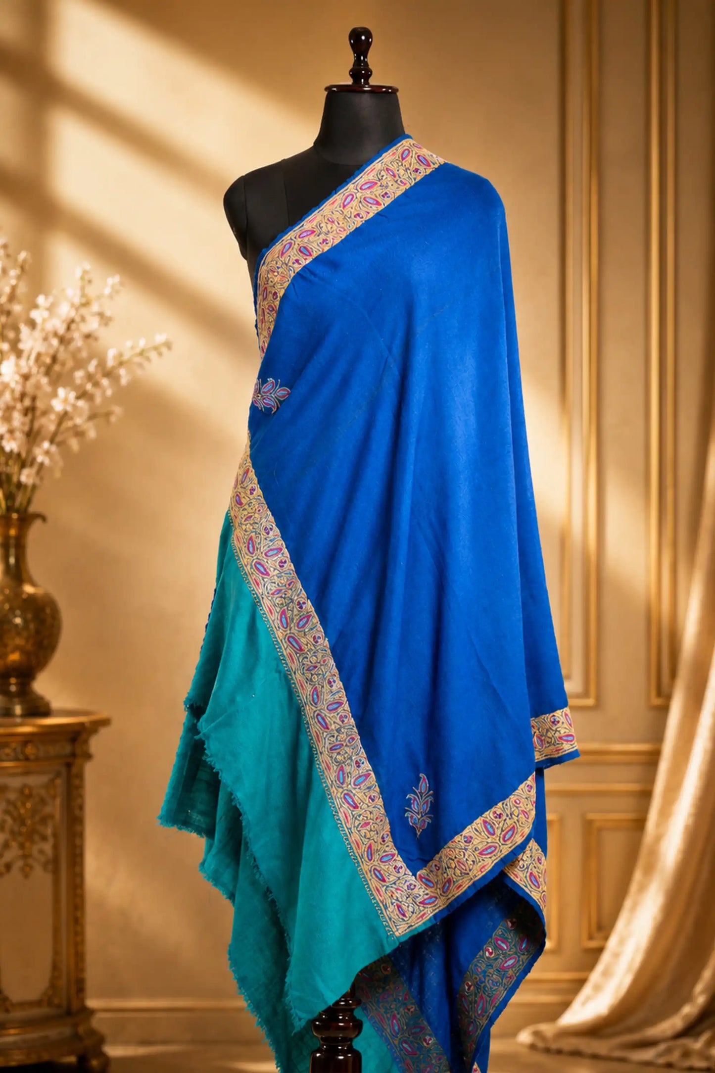 Double Shaded Blue and Teal Shawl with Tilla Border