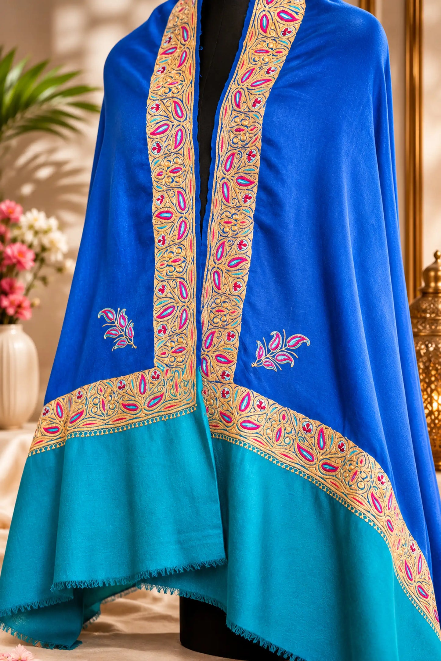 Double Shaded Blue and Teal Shawl with Tilla Border