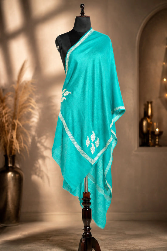 Firozi Pashmina Shawl with  Silver Tilla Embroidery