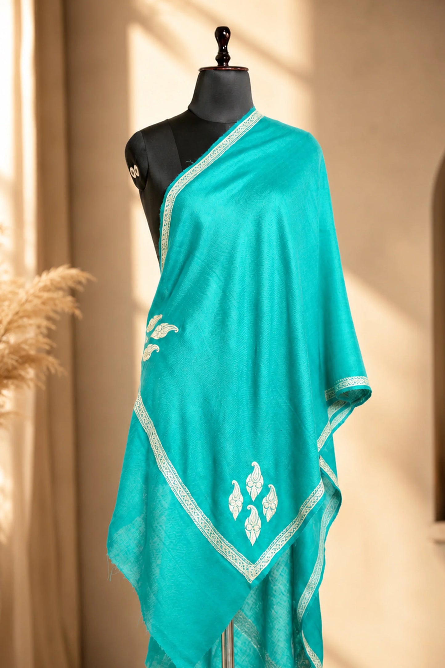 Firozi Pashmina Shawl with  Silver Tilla Embroidery