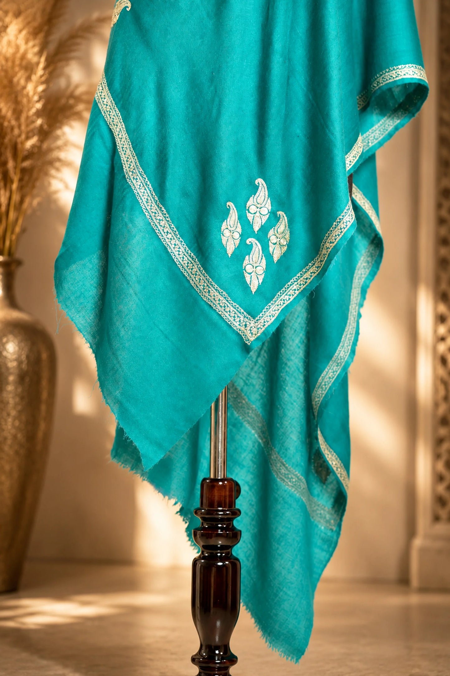 Firozi Pashmina Shawl with  Silver Tilla Embroidery