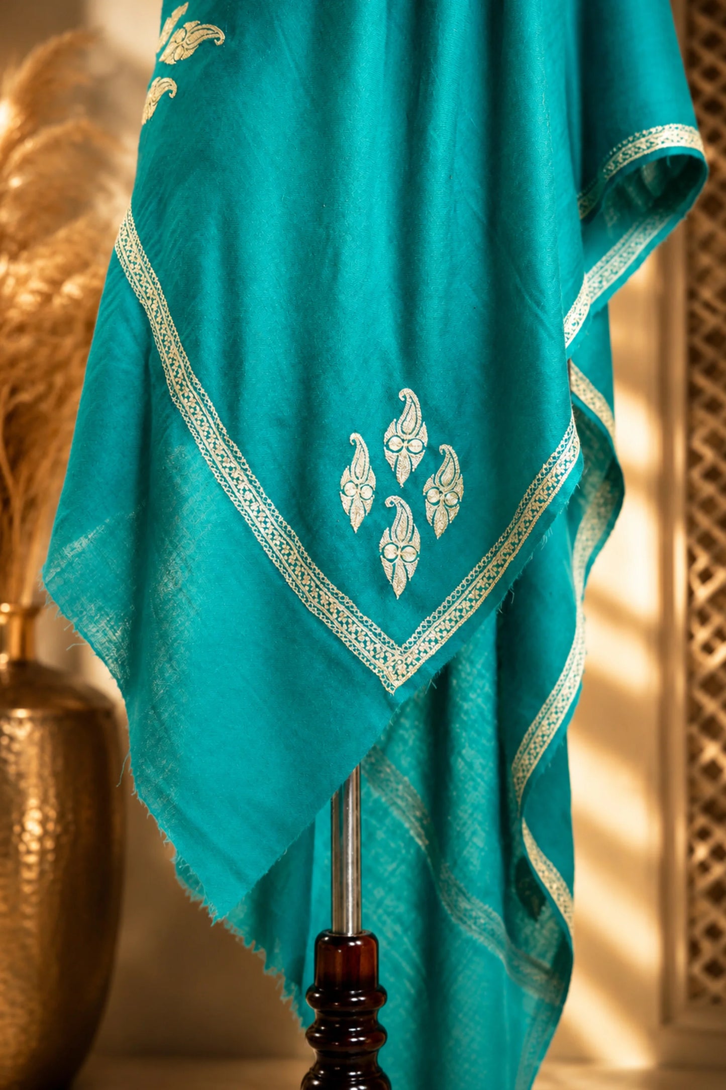 Firozi Pashmina Shawl with  Silver Tilla Embroidery