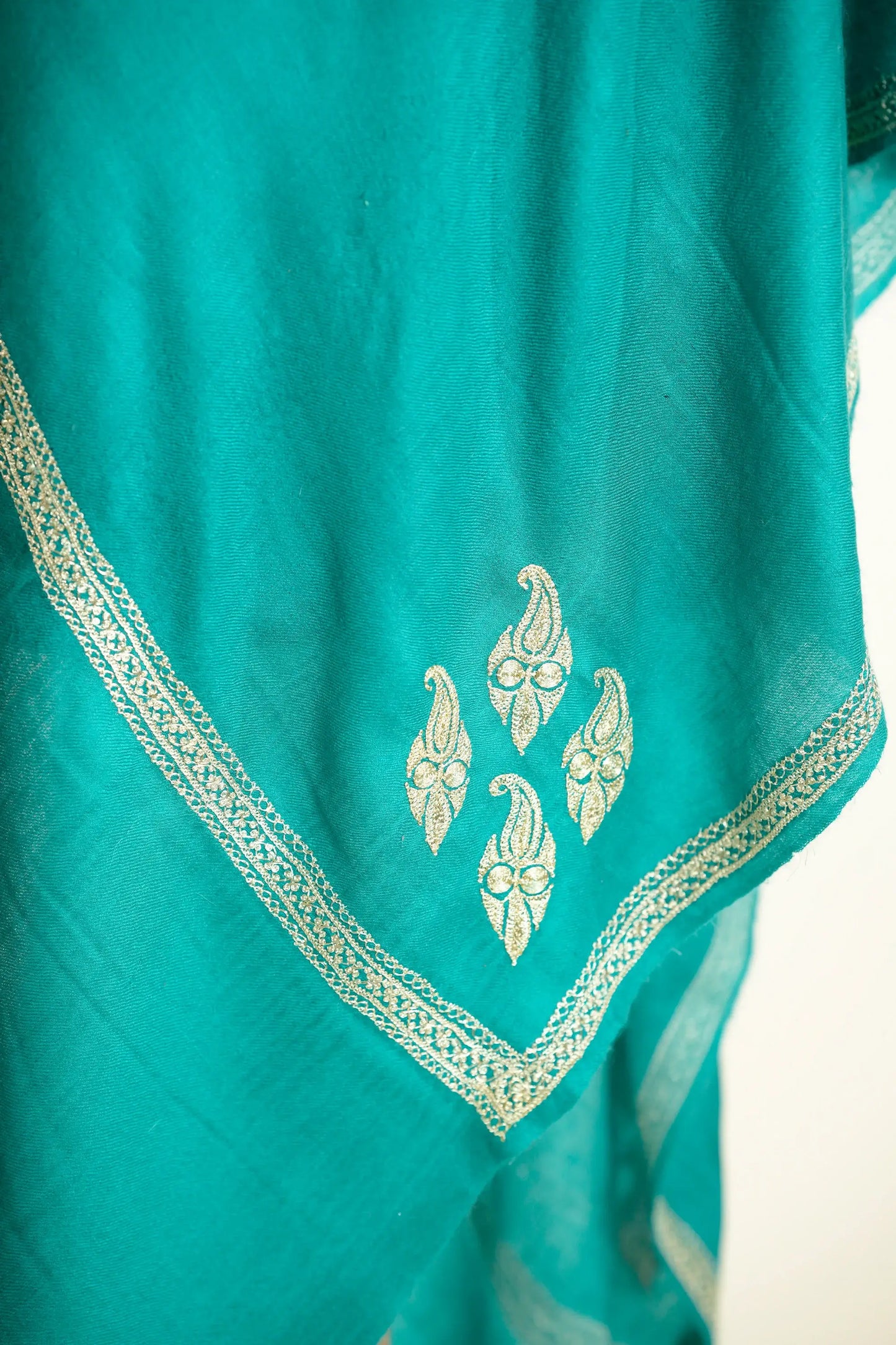 Firozi Pashmina Shawl with  Silver Tilla Embroidery
