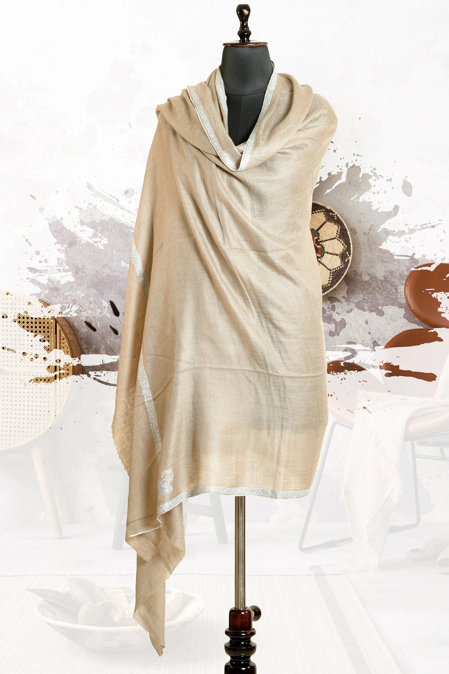 Men's Natural Color Belgium Toosh Shawl  with Sozni Border