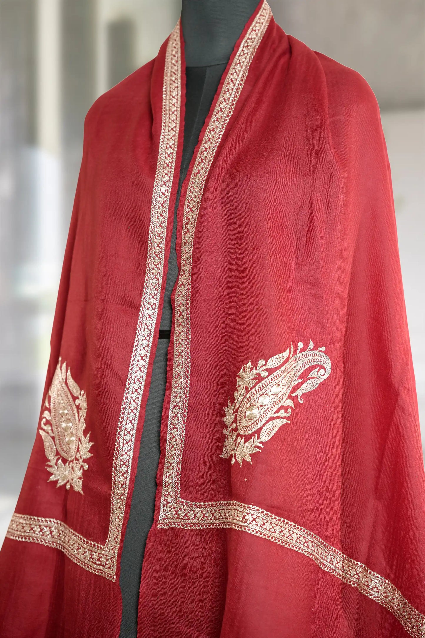 Maroon Pashmina Shawl with Tilla  Border
