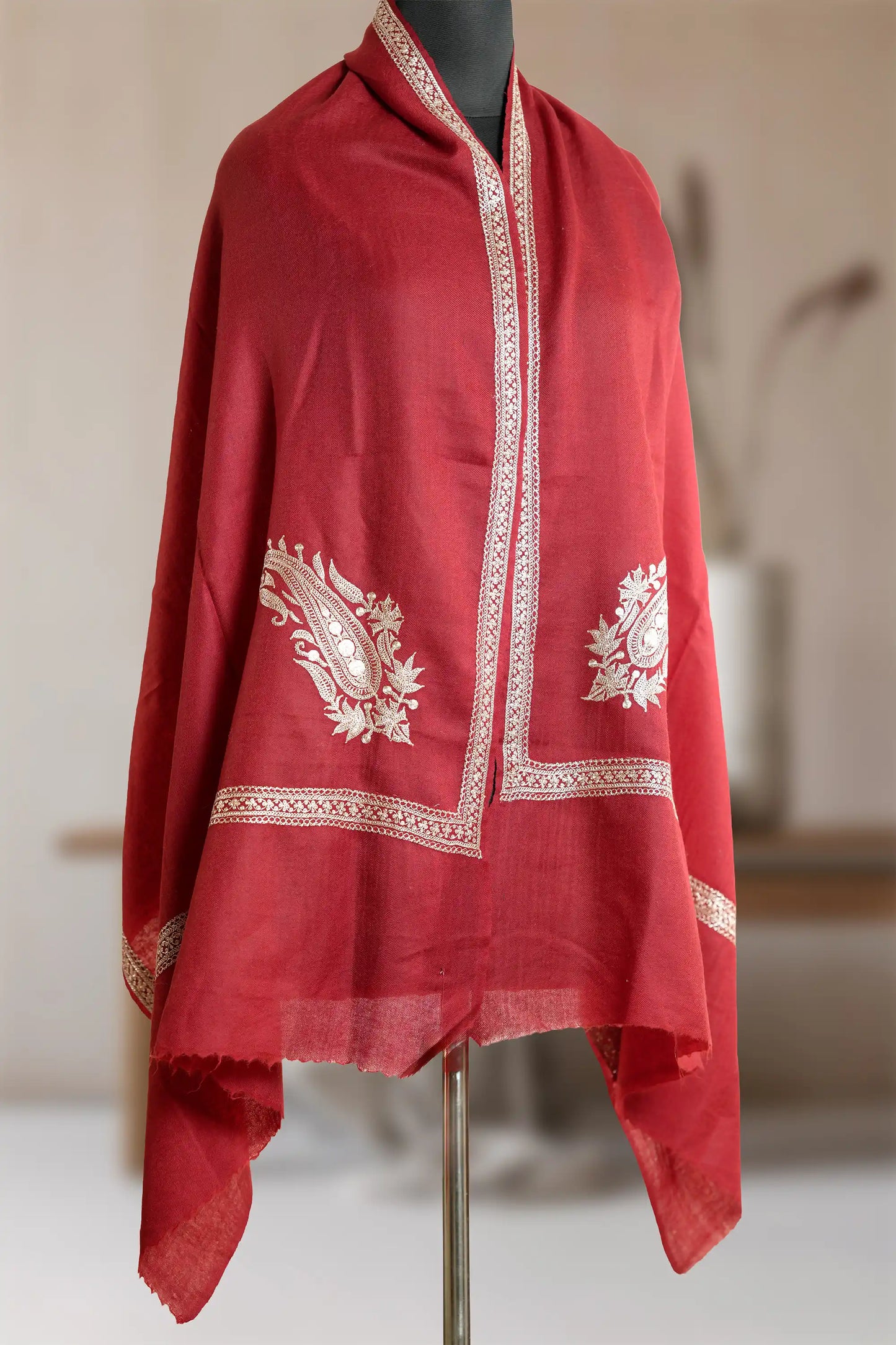 Maroon Pashmina Shawl with Tilla  Border