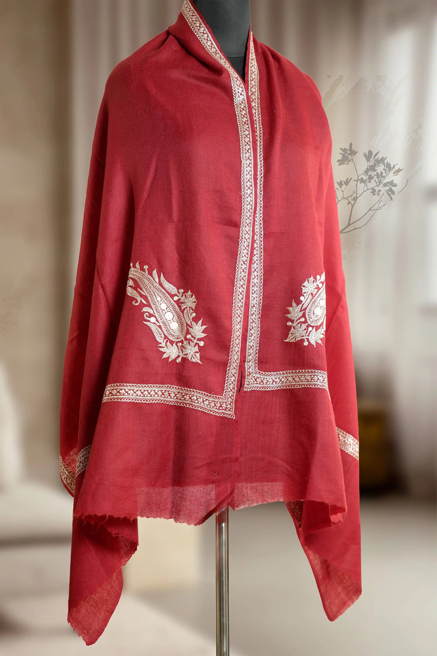 Maroon Pashmina Shawl with Tilla  Border