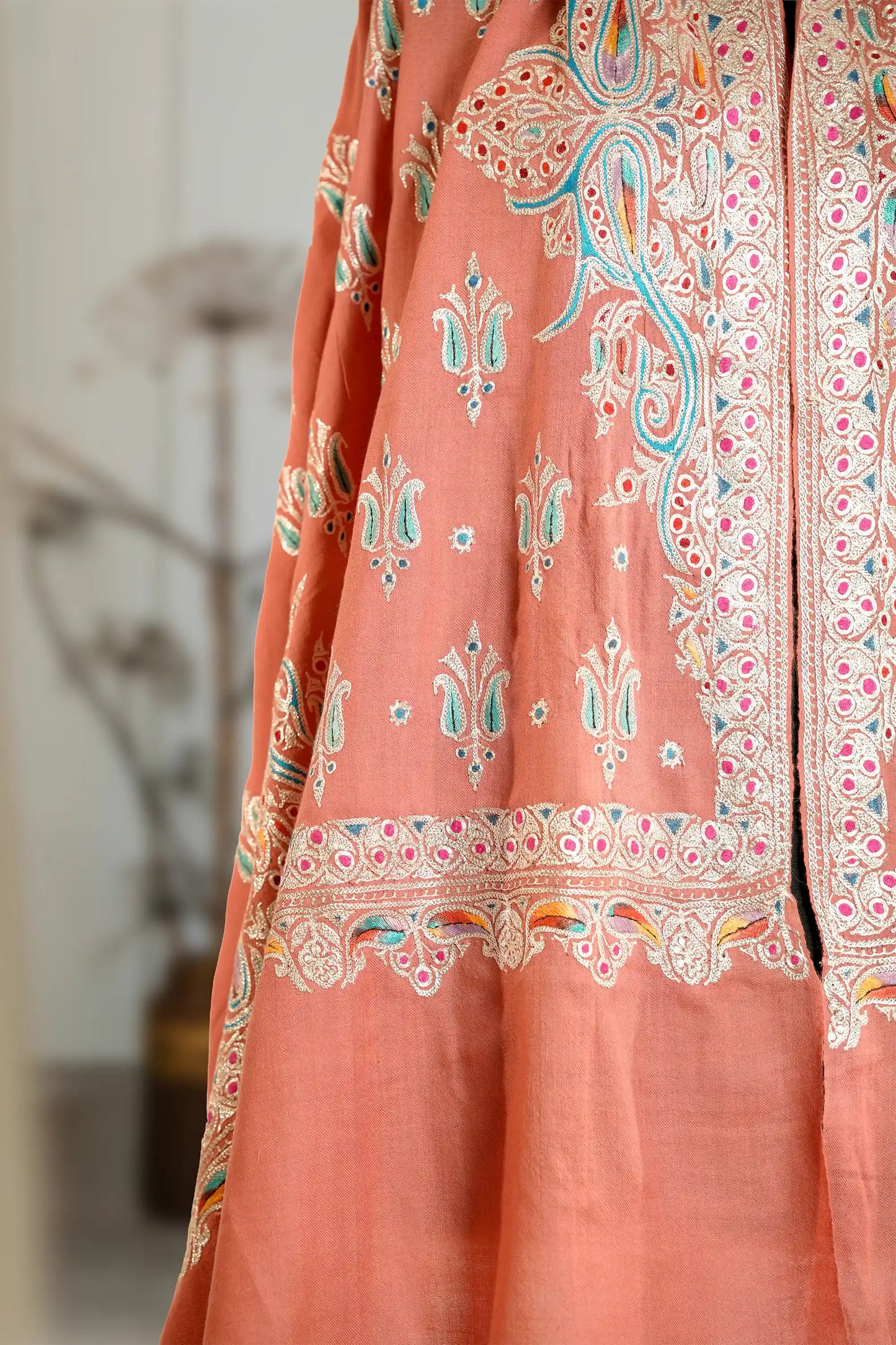 Peach Tilla Jaal Shawl with Sozni Highlights