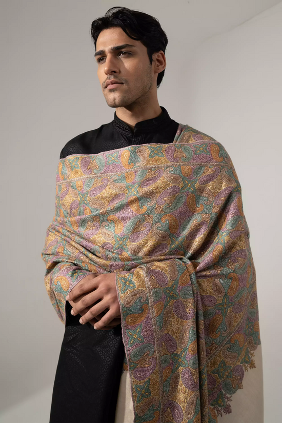 Men's Jamawar Shawl with Multicolor Sozni Embroidery Work