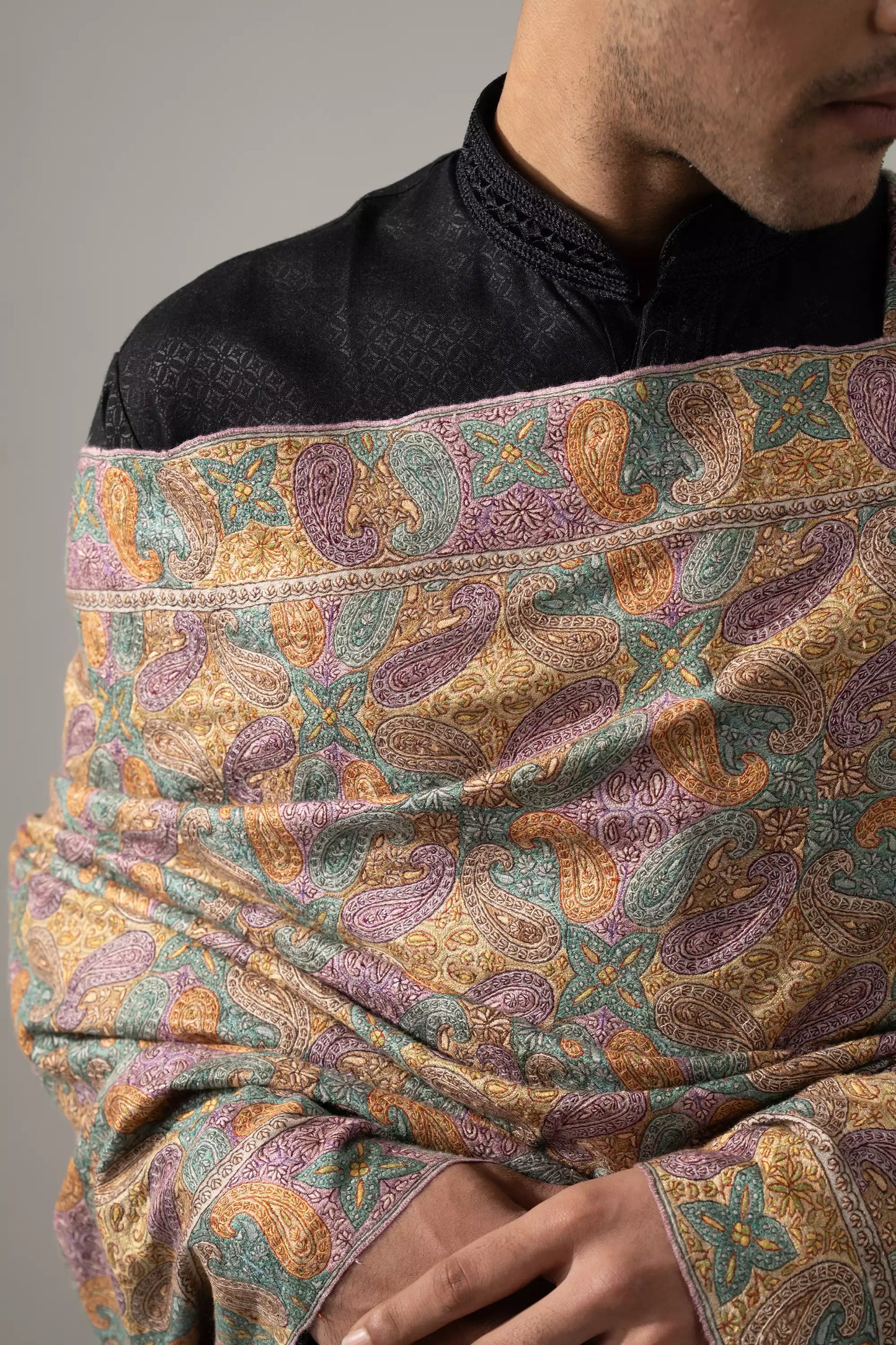 Men's Jamawar Shawl with Multicolor Sozni Embroidery Work