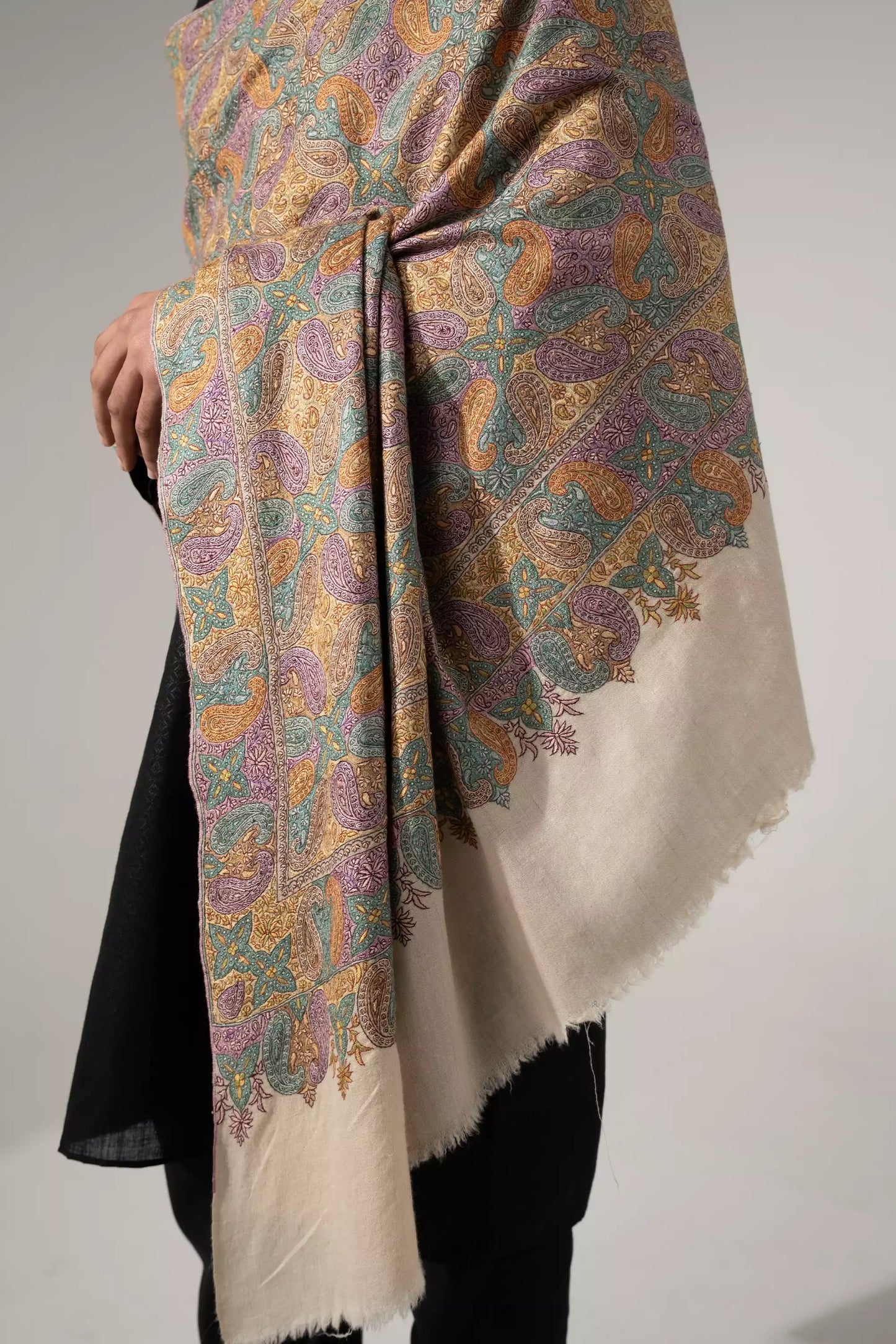 Men's Jamawar Shawl with Multicolor Sozni Embroidery Work