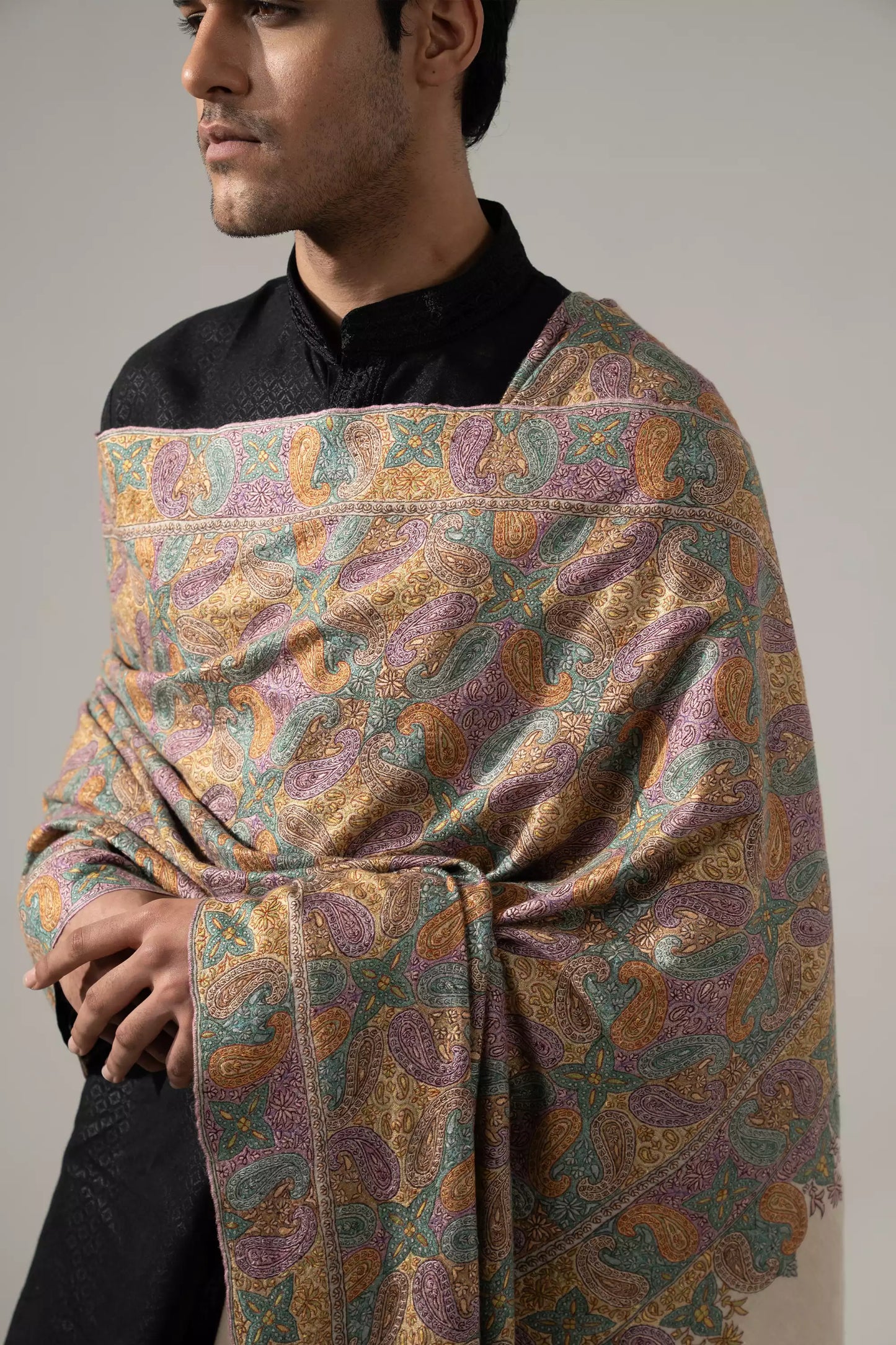 Men's Jamawar Shawl with Multicolor Sozni Embroidery Work