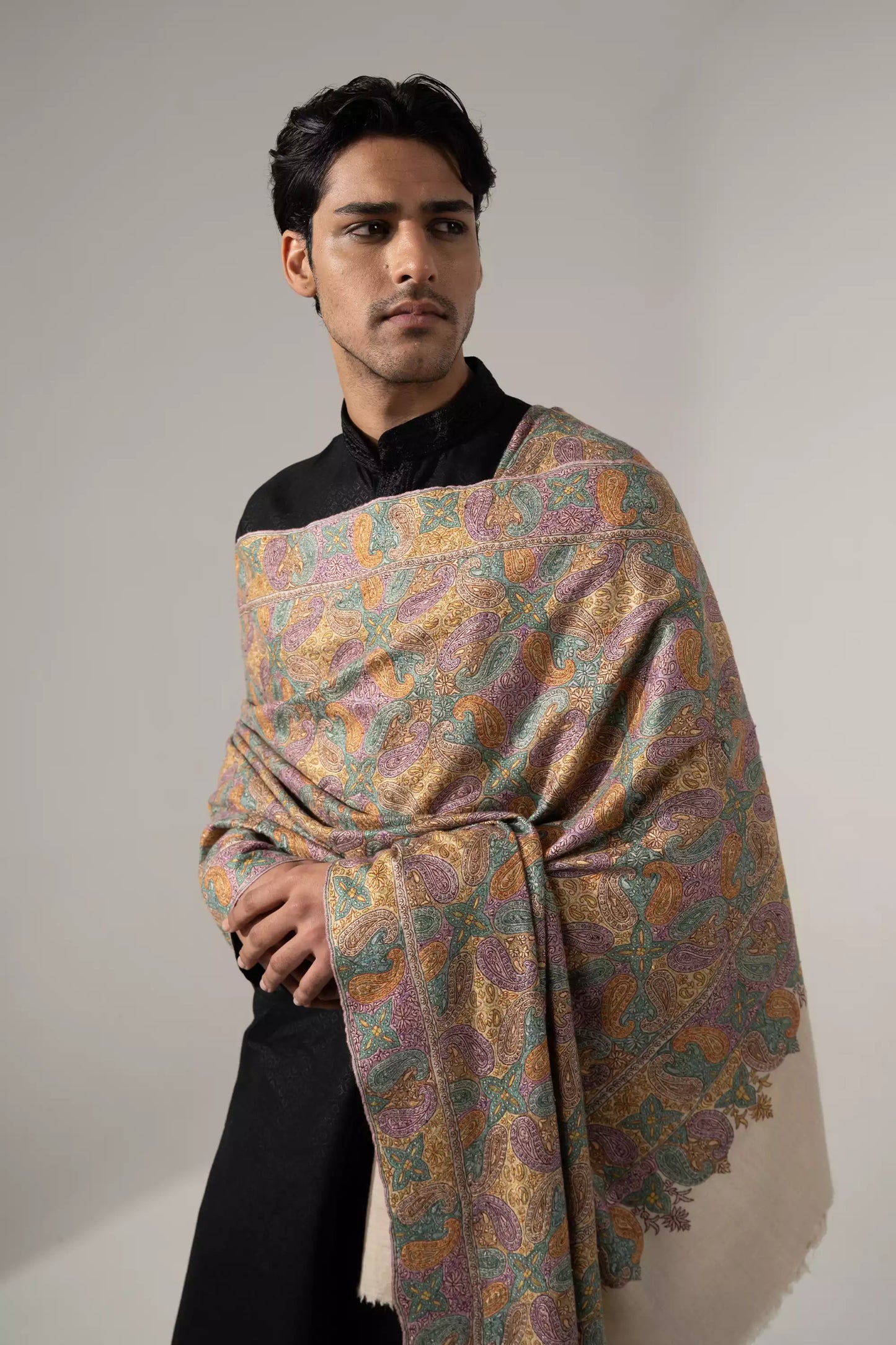 Men's Jamawar Shawl with Multicolor Sozni Embroidery Work