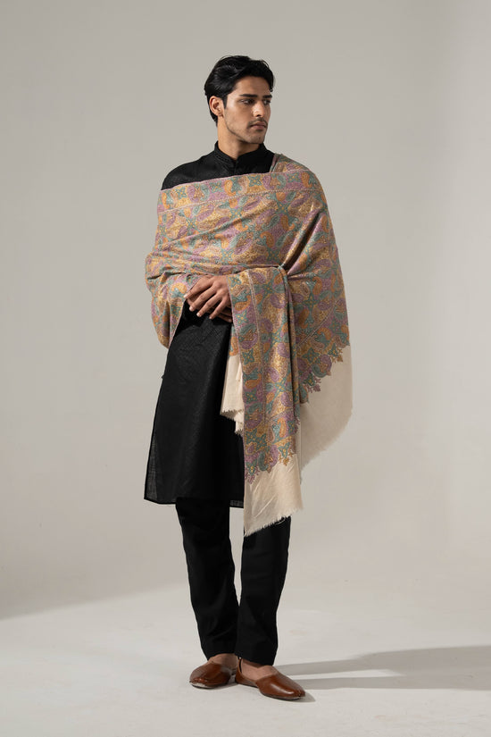 Men's Jamawar Shawl with Multicolor Sozni Embroidery Work