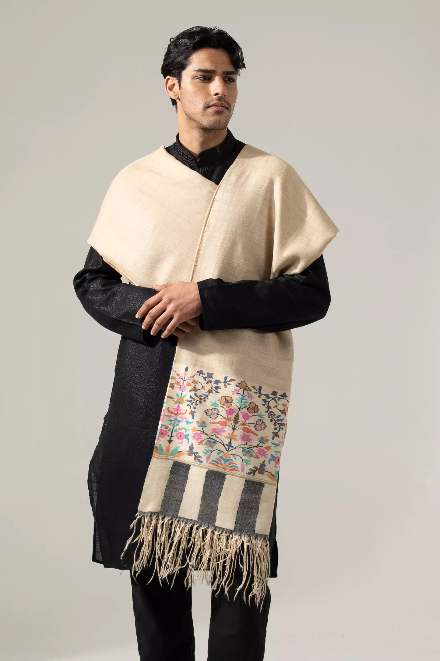 Men's Off White Kani Border Shawl
