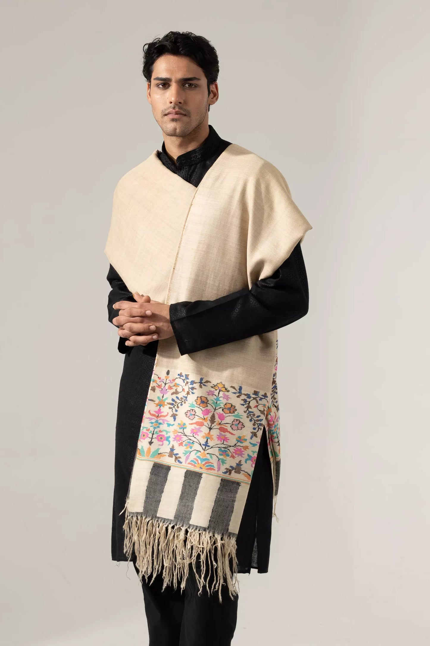 Men's Off White Kani Border Shawl