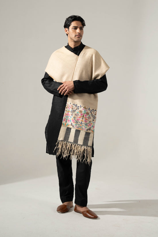 Men's Off White Kani Border Shawl