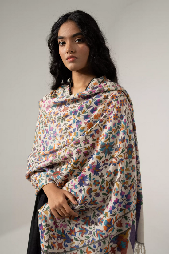 Women's Off White Multi Color Kani Shawl