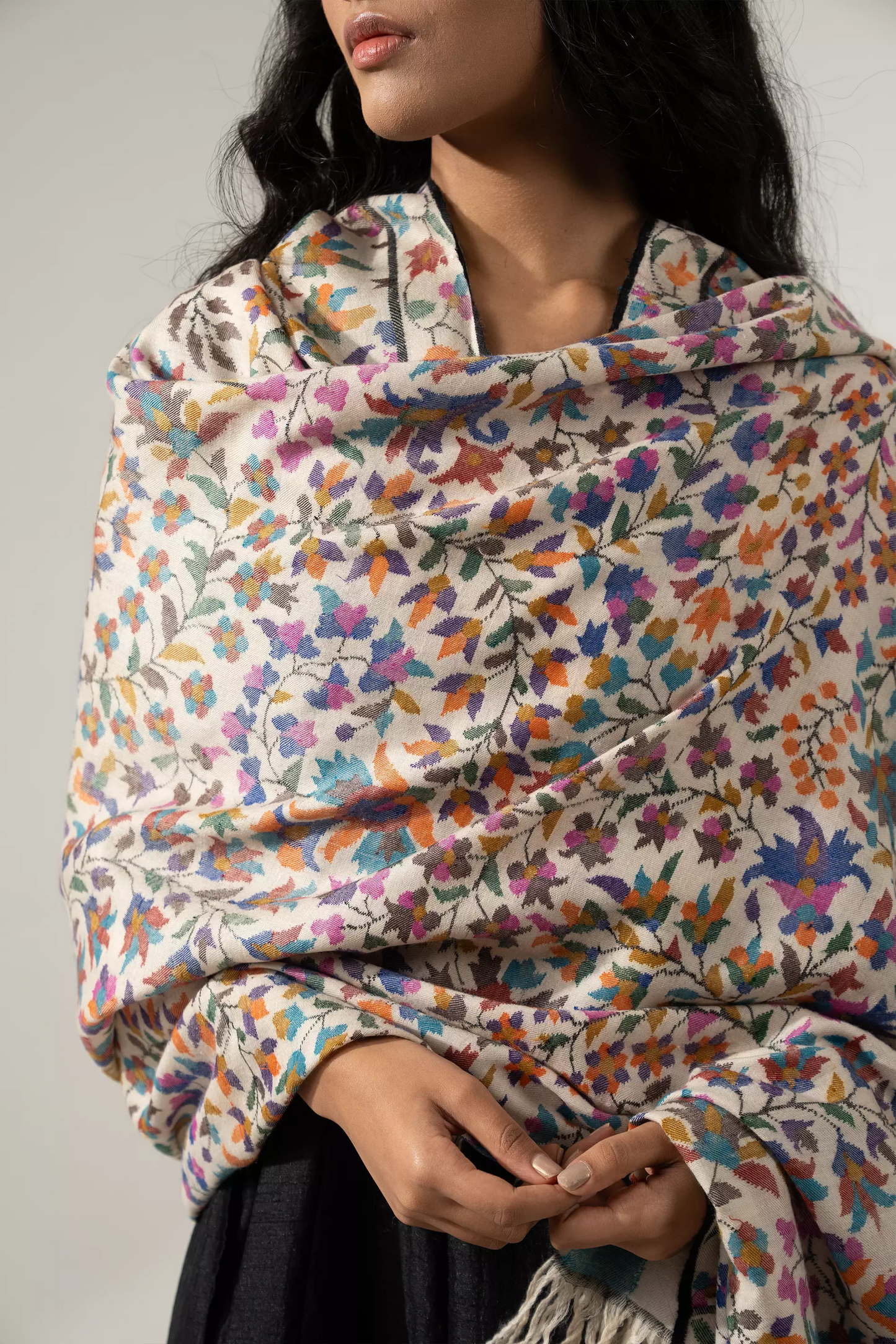Women's Off White Multi Color Kani Shawl