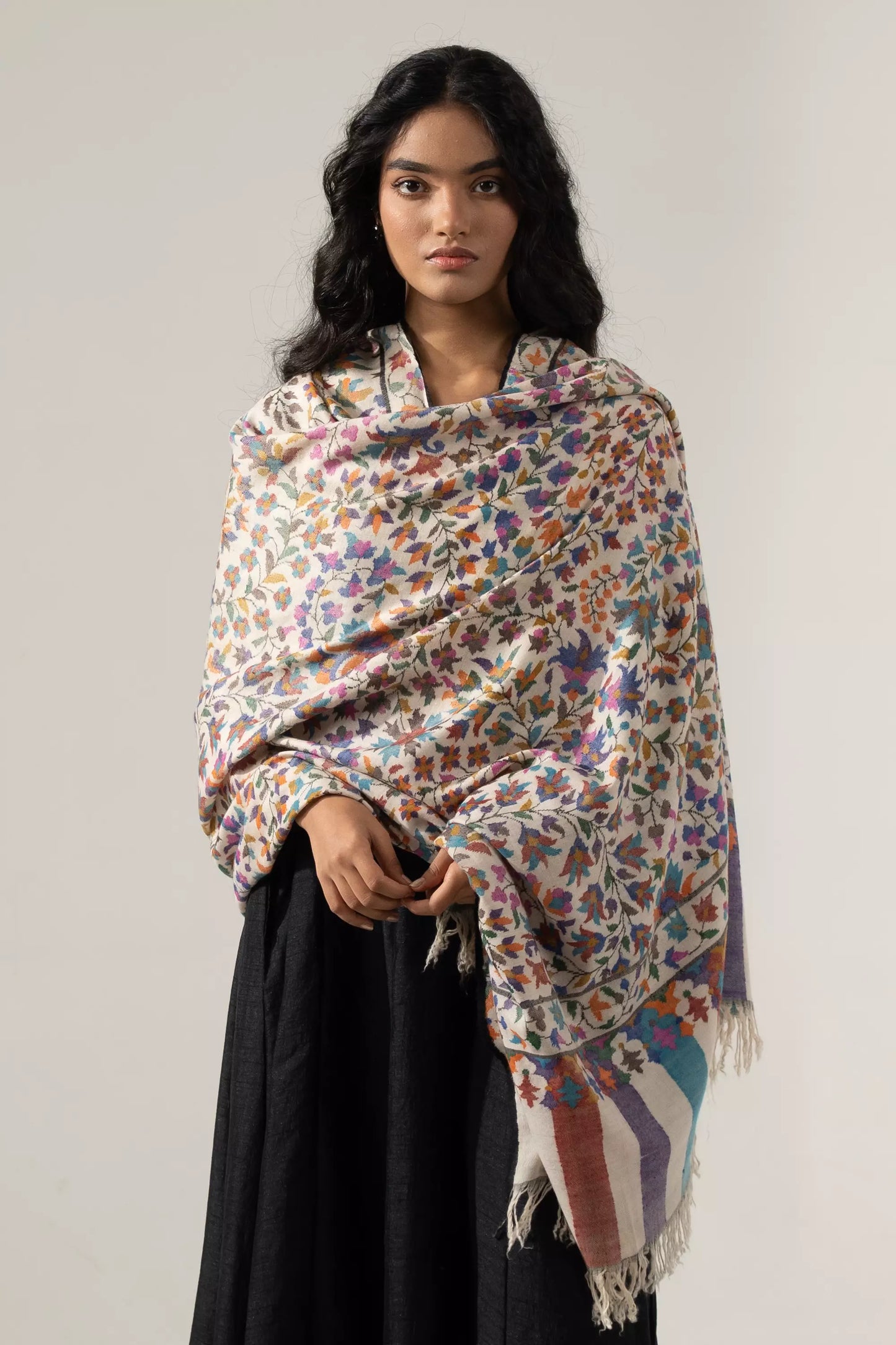 Women's Off White Multi Color Kani Shawl