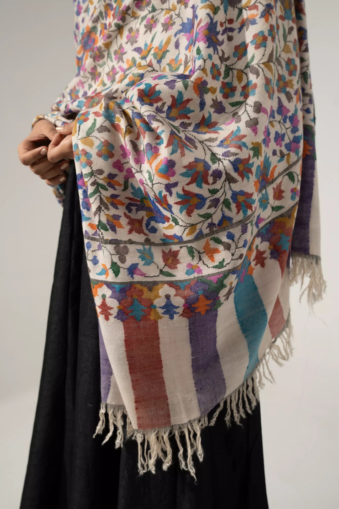 Women's Off White Multi Color Kani Shawl