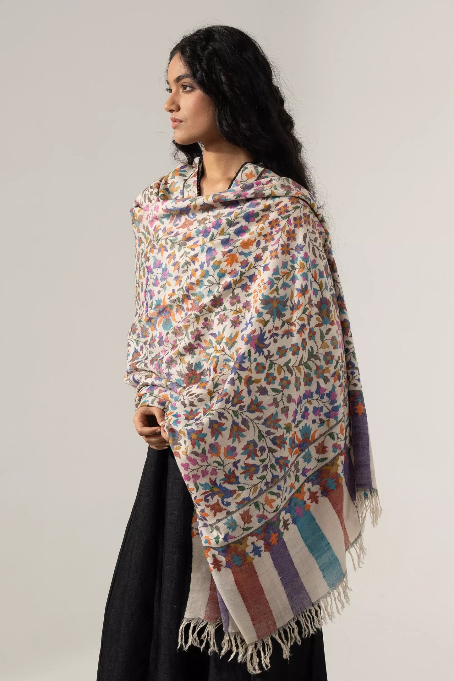 Women's Off White Multi Color Kani Shawl