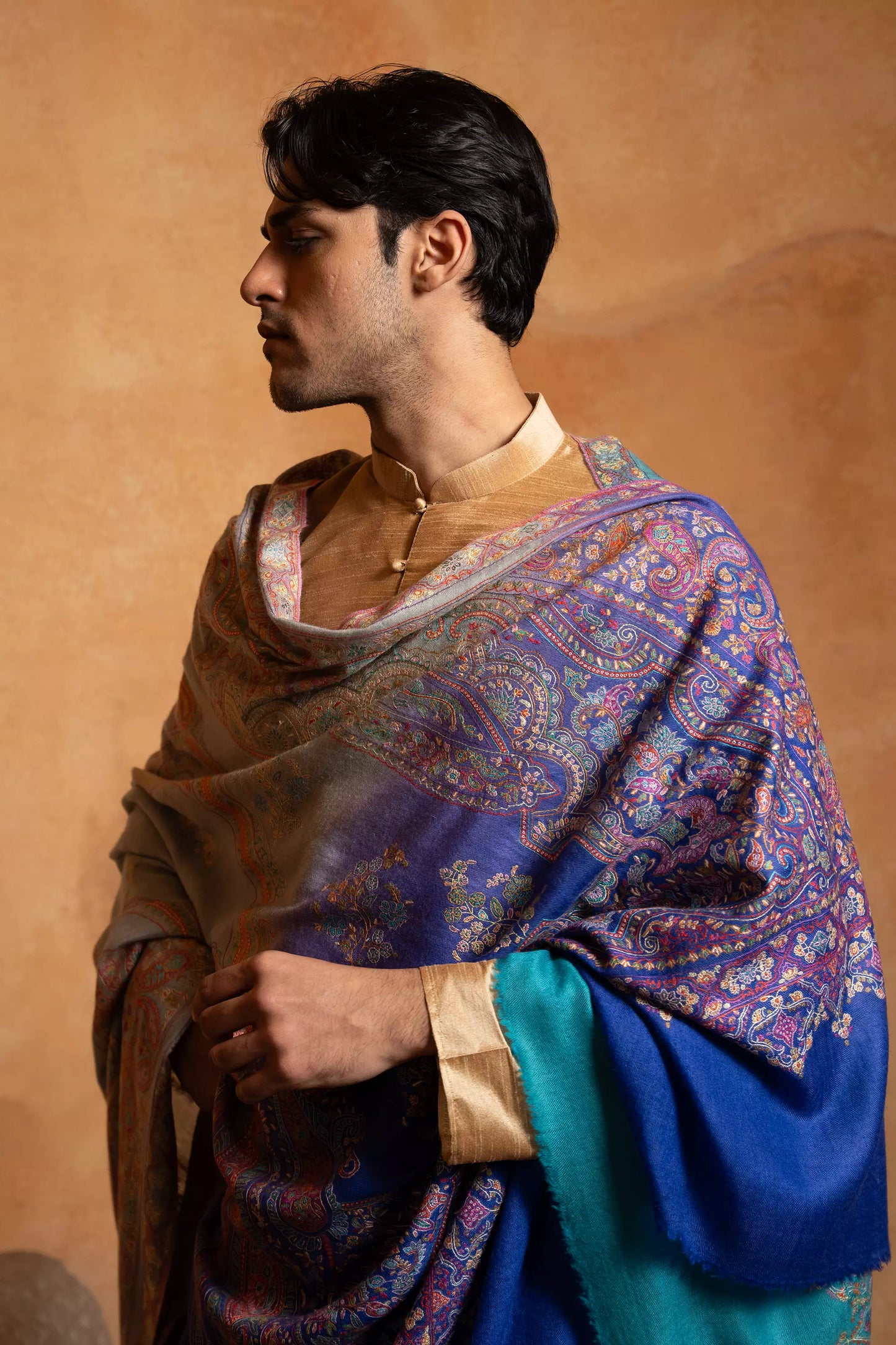 Men's Firozi and Purple Shaded Sozni Embroidery Shawl
