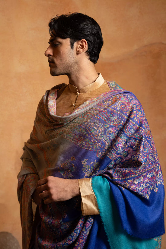 Men's Firozi and Purple Shaded Sozni Embroidery Shawl