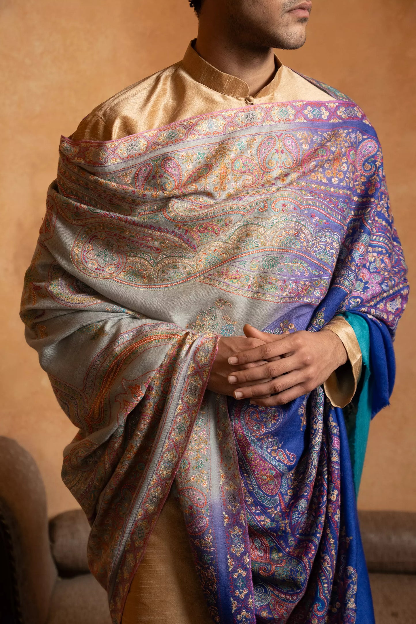 Men's Firozi and Purple Shaded Sozni Embroidery Shawl