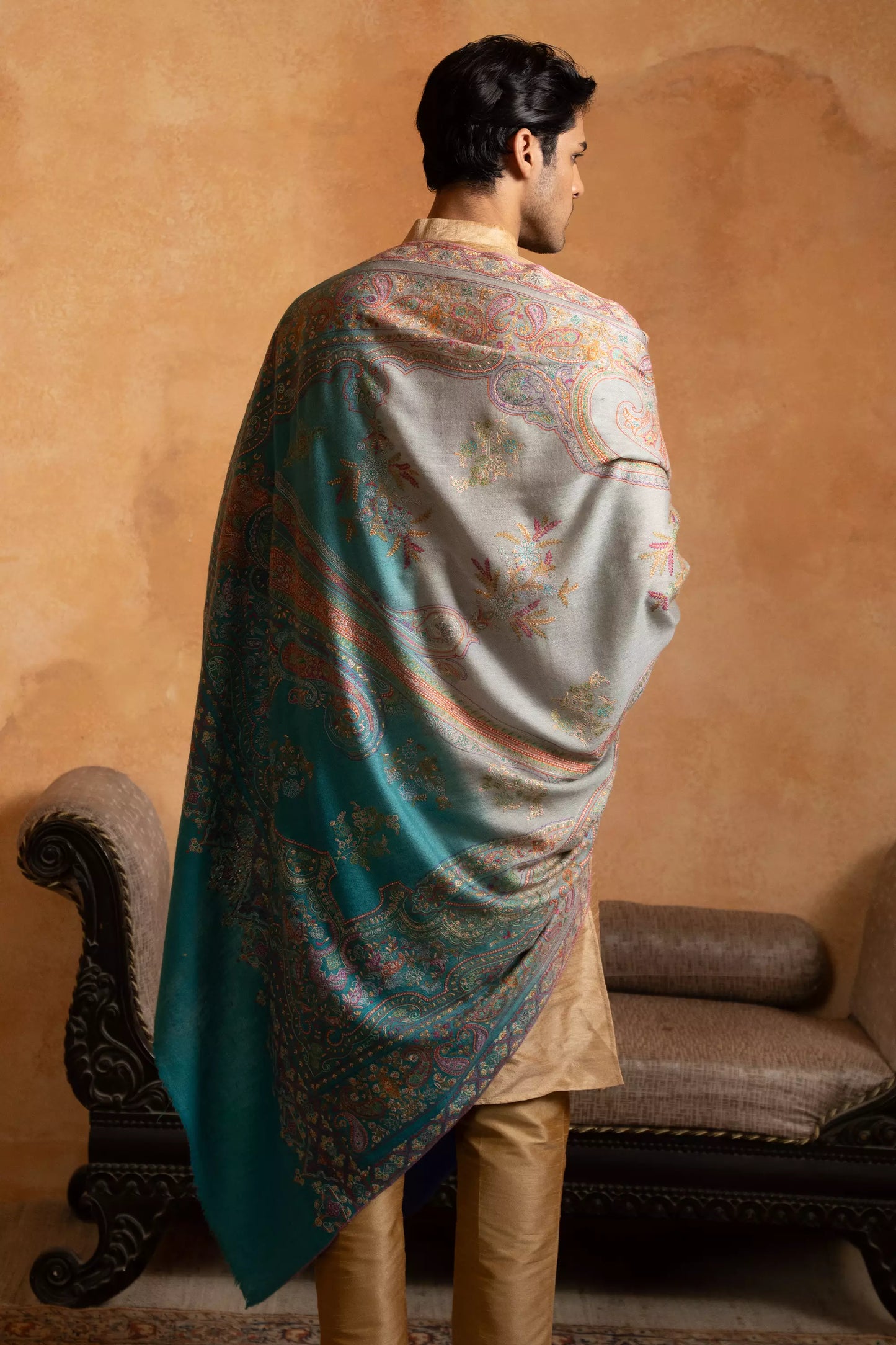 Men's Firozi and Purple Shaded Sozni Embroidery Shawl