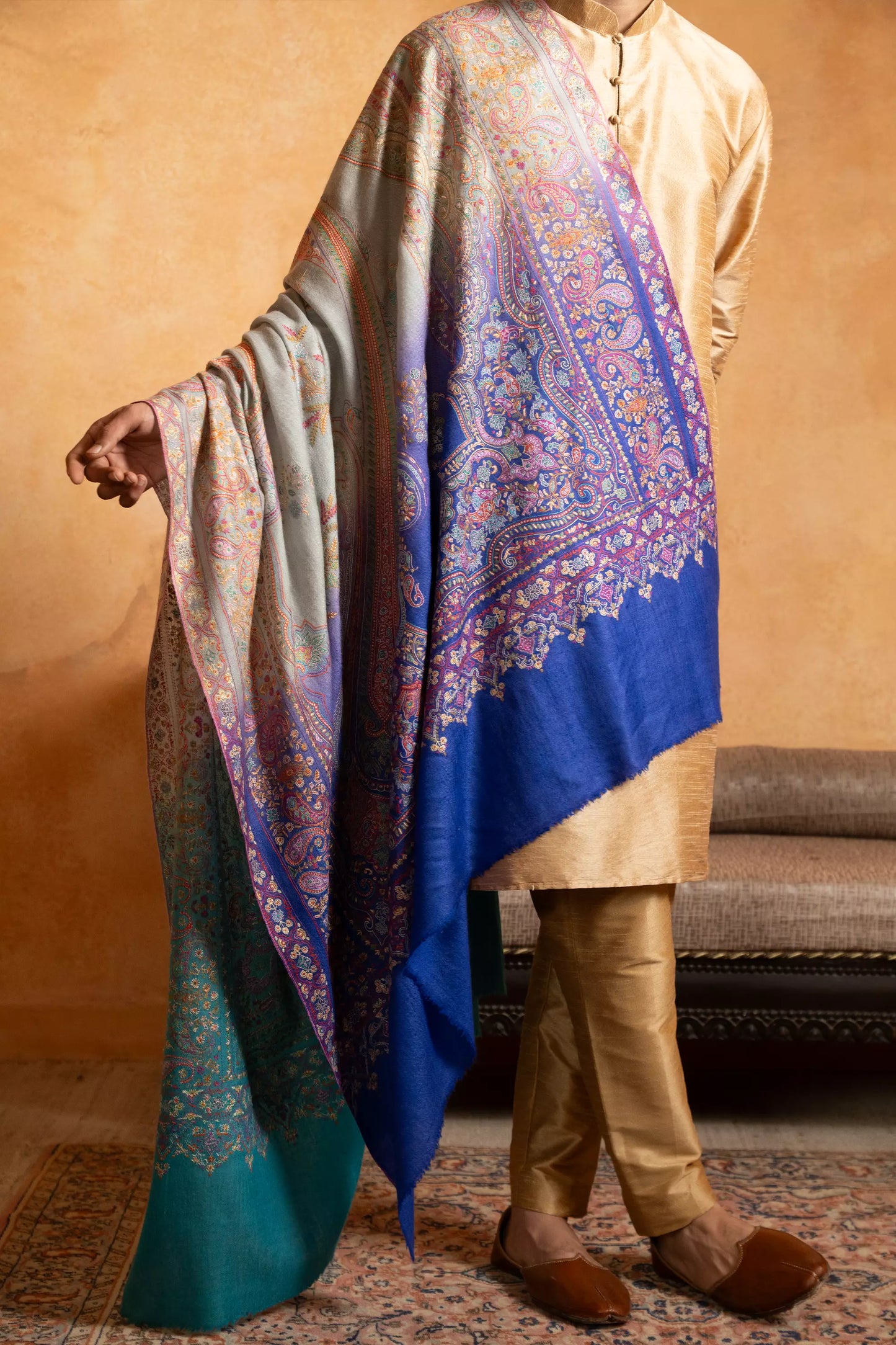 Men's Firozi and Purple Shaded Sozni Embroidery Shawl