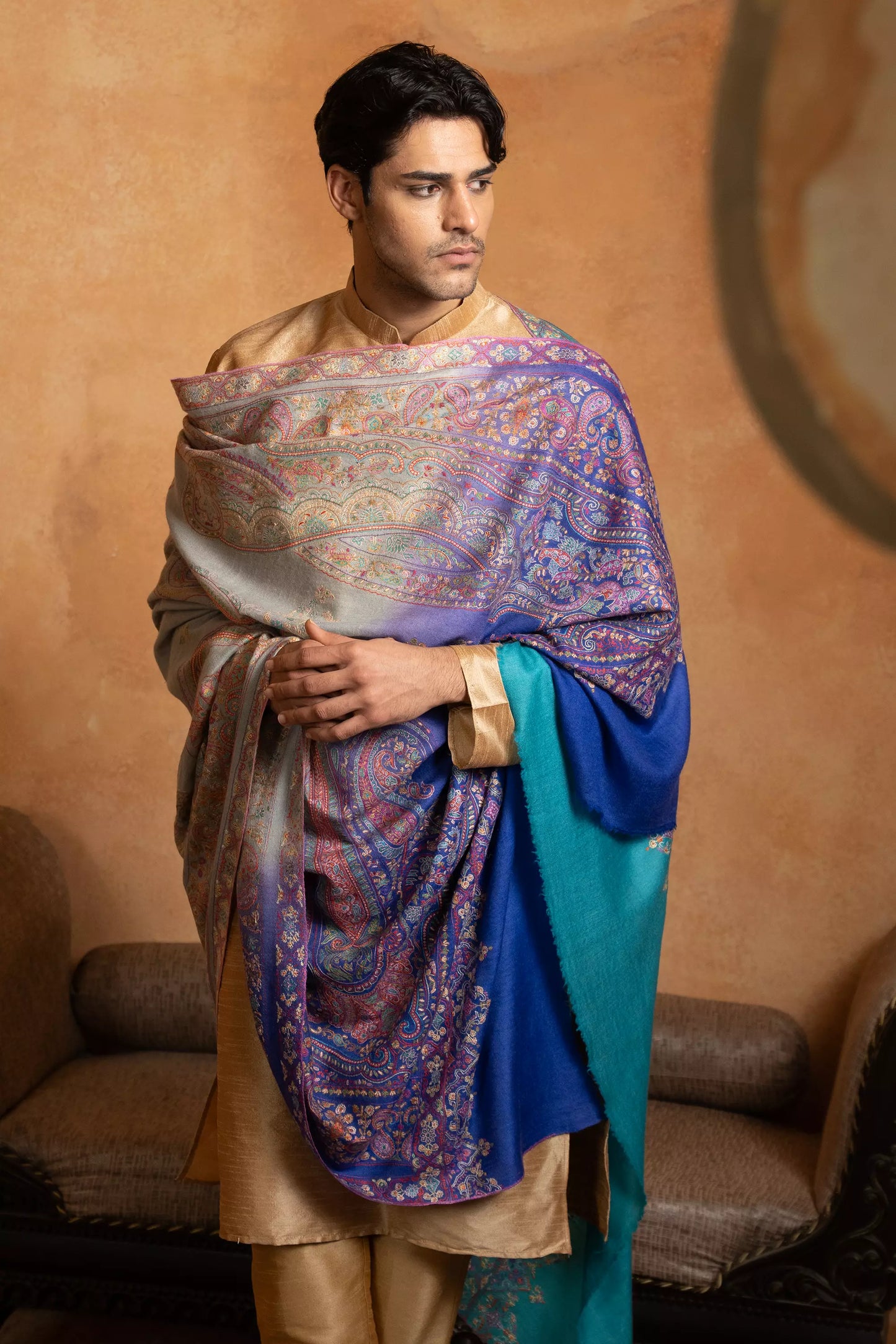 Men's Firozi and Purple Shaded Sozni Embroidery Shawl