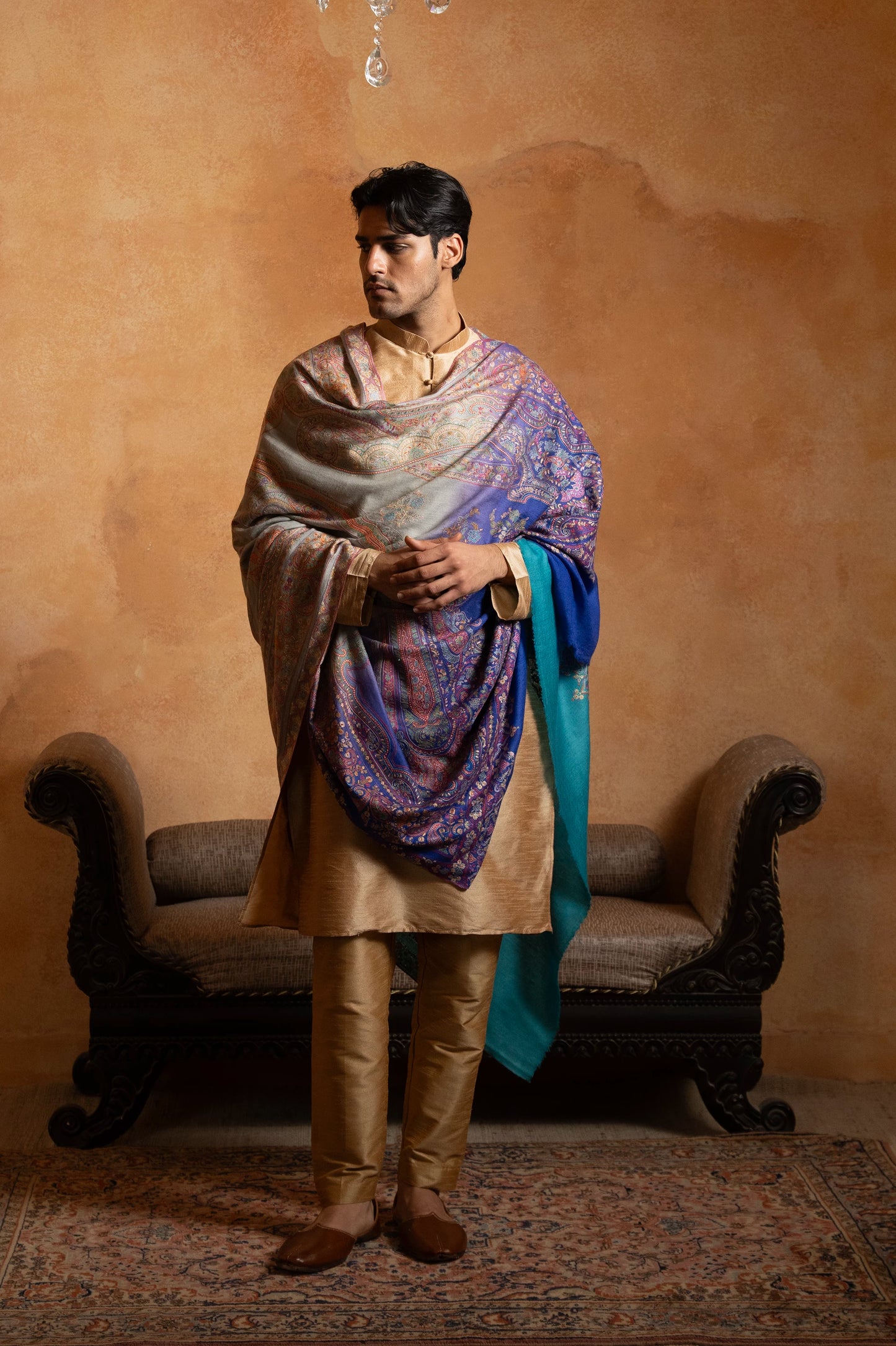 Men's Firozi and Purple Shaded Sozni Embroidery Shawl