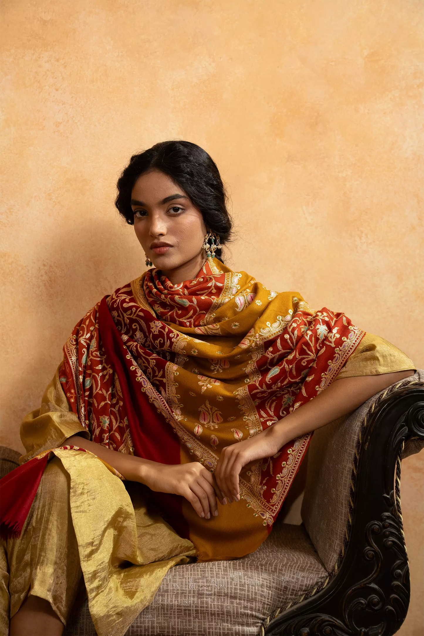 Double Shaded Red and Mustard  Tilla Embroidery Shawl for Women
