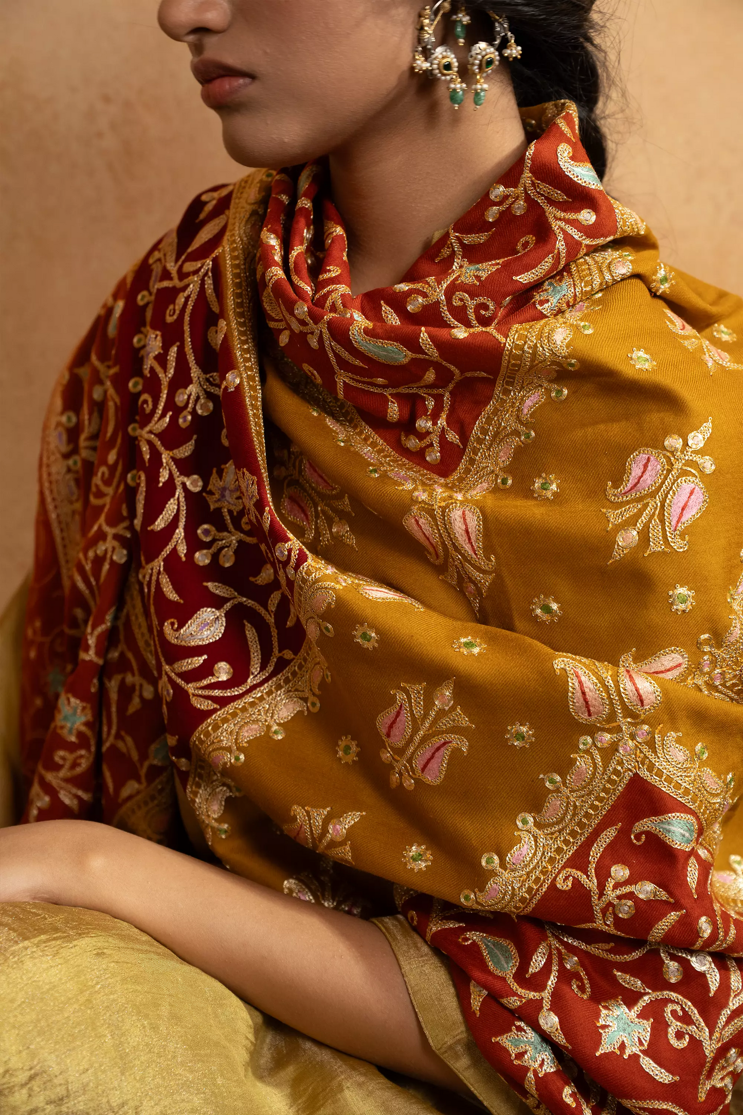 Double Shaded Red and Mustard  Tilla Embroidery Shawl for Women