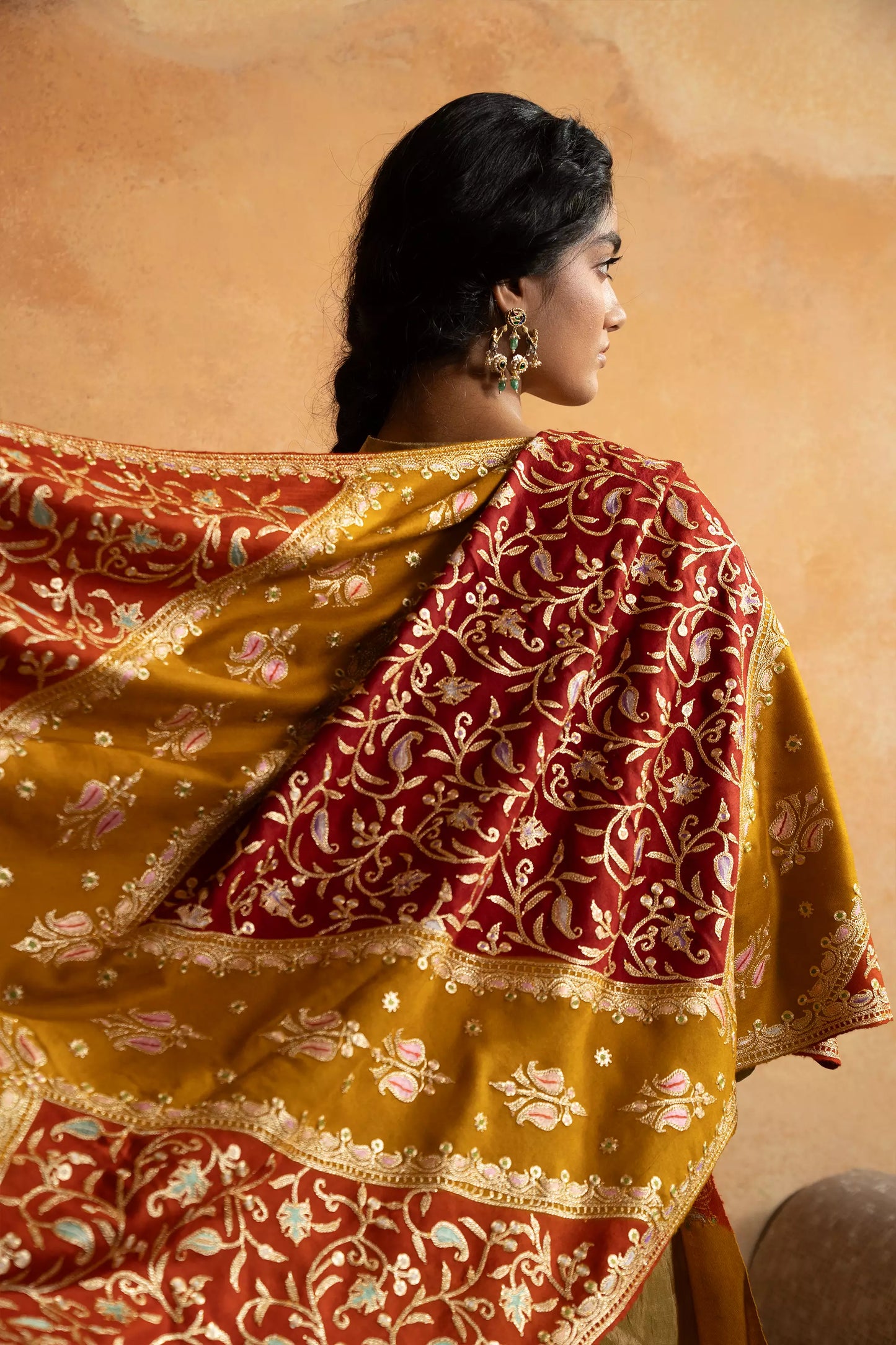 Double Shaded Red and Mustard  Tilla Embroidery Shawl for Women