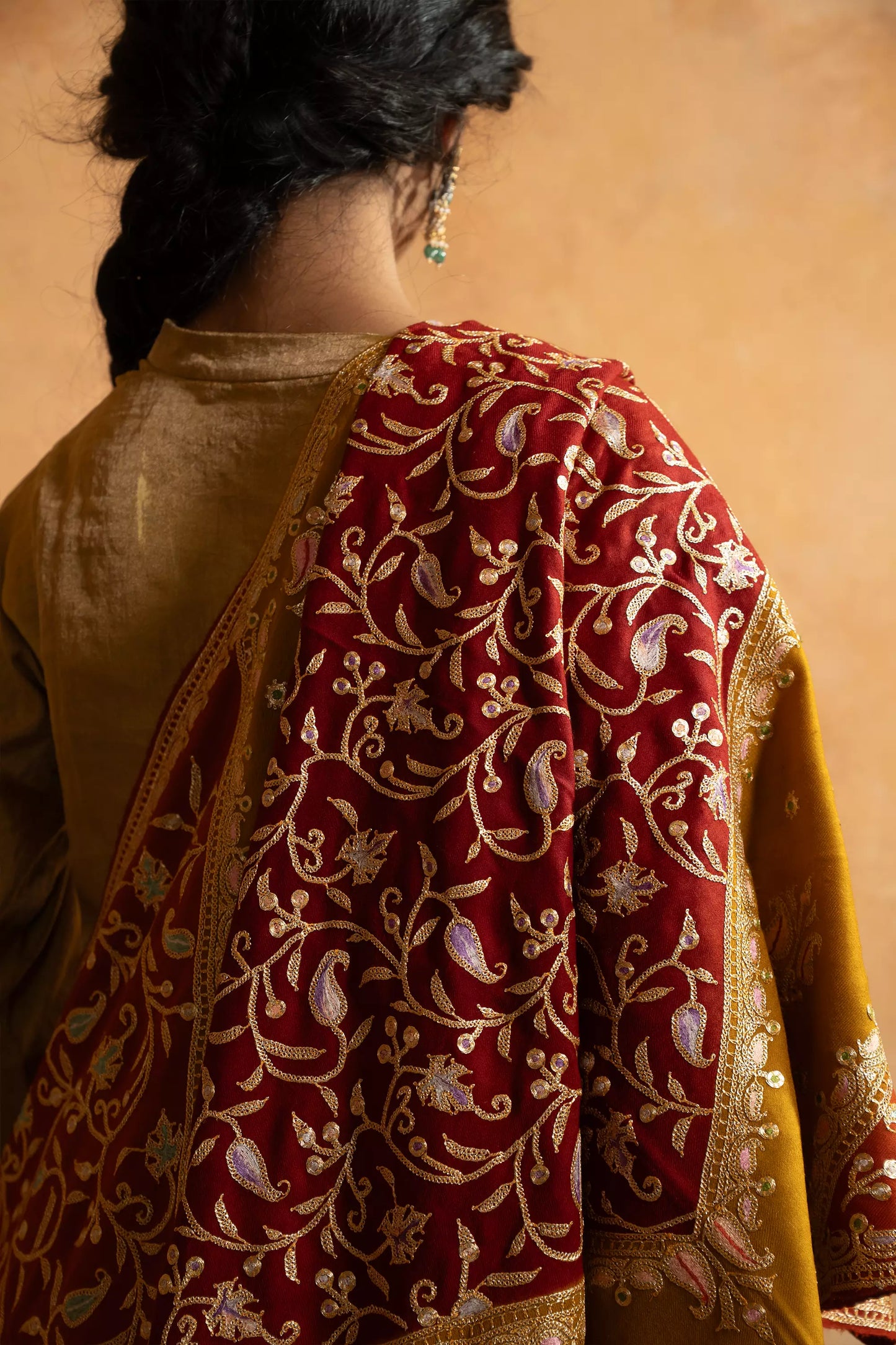 Double Shaded Red and Mustard  Tilla Embroidery Shawl for Women