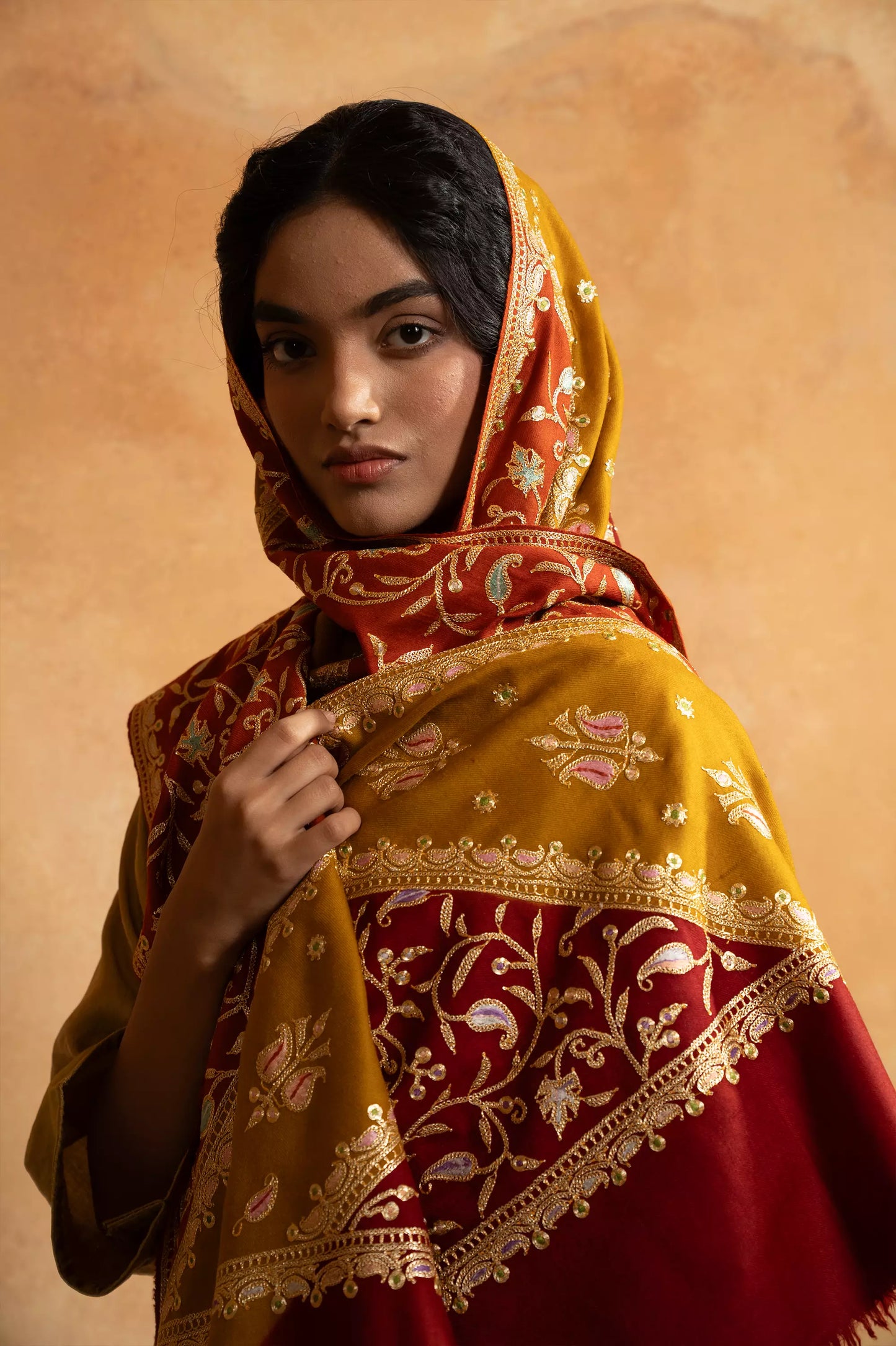 Double Shaded Red and Mustard  Tilla Embroidery Shawl for Women