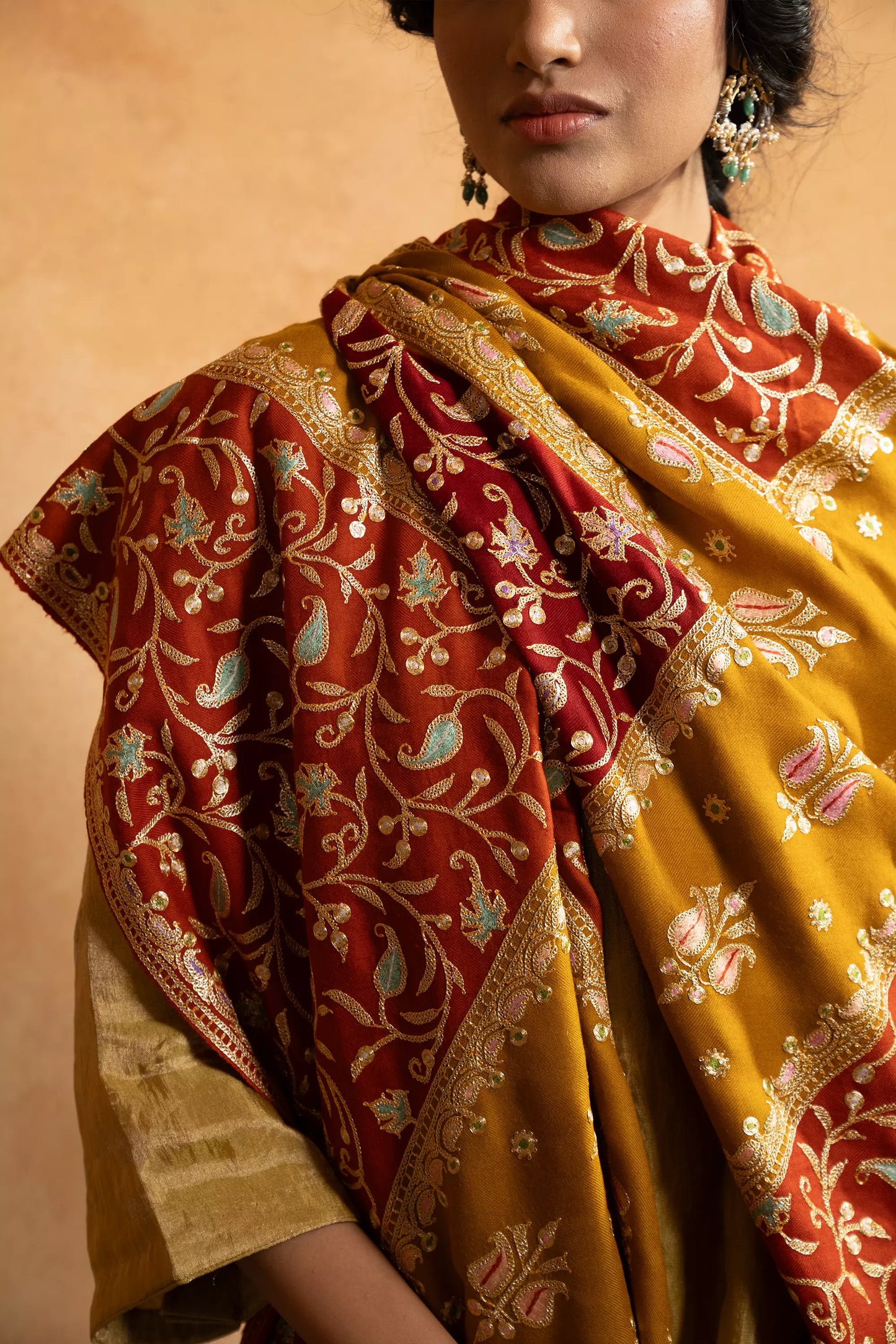 Double Shaded Red and Mustard  Tilla Embroidery Shawl for Women