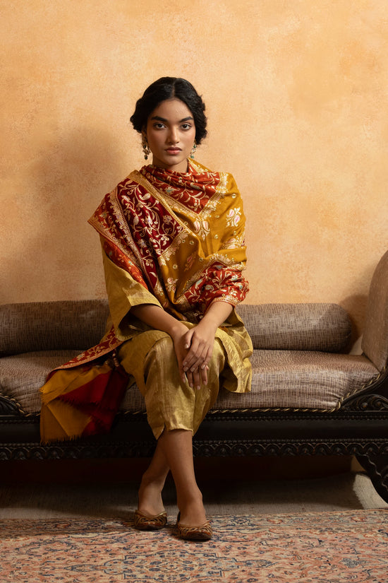Double Shaded Red and Mustard  Tilla Embroidery Shawl for Women