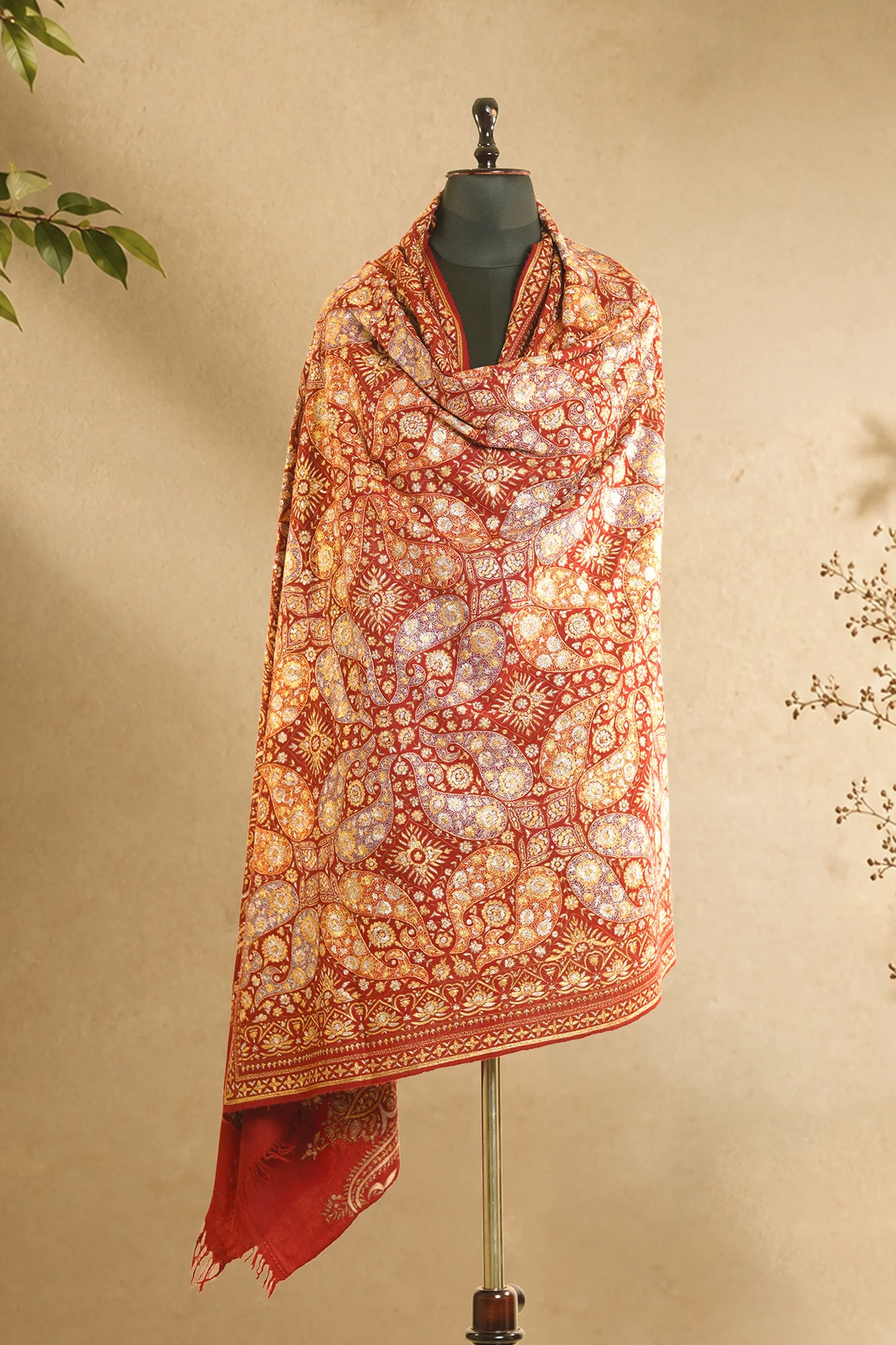 Crimson Red Kasabkari Zari Pashmina Shawl