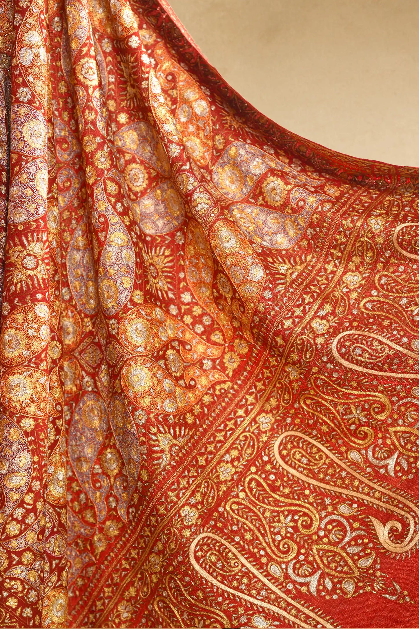 Crimson Red Kasabkari Zari Pashmina Shawl
