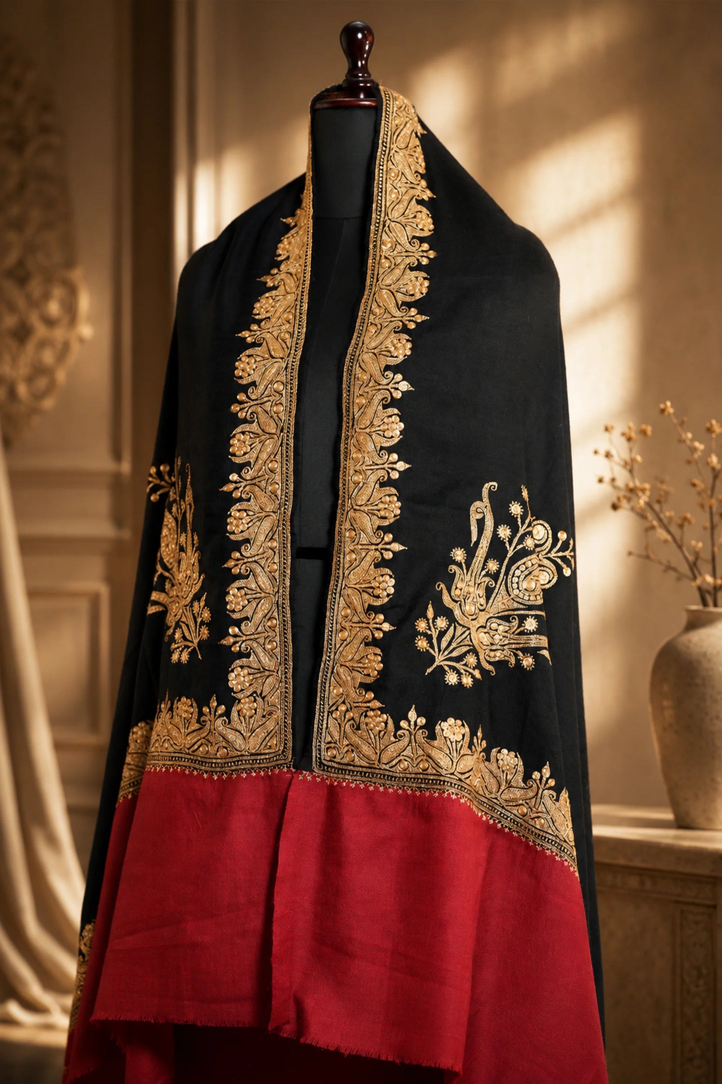 Black Tilla Shawl with Red Border