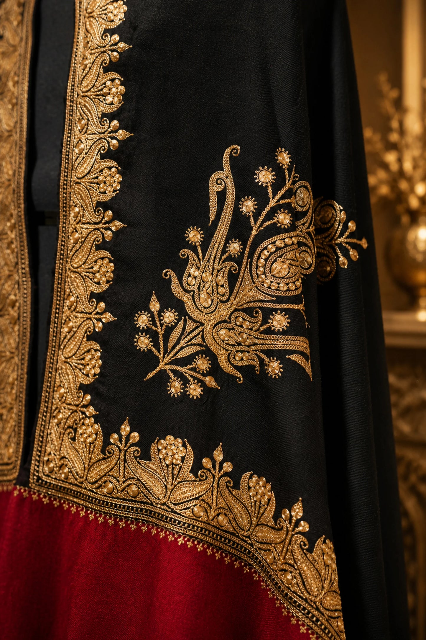 Black Tilla Shawl with Red Border