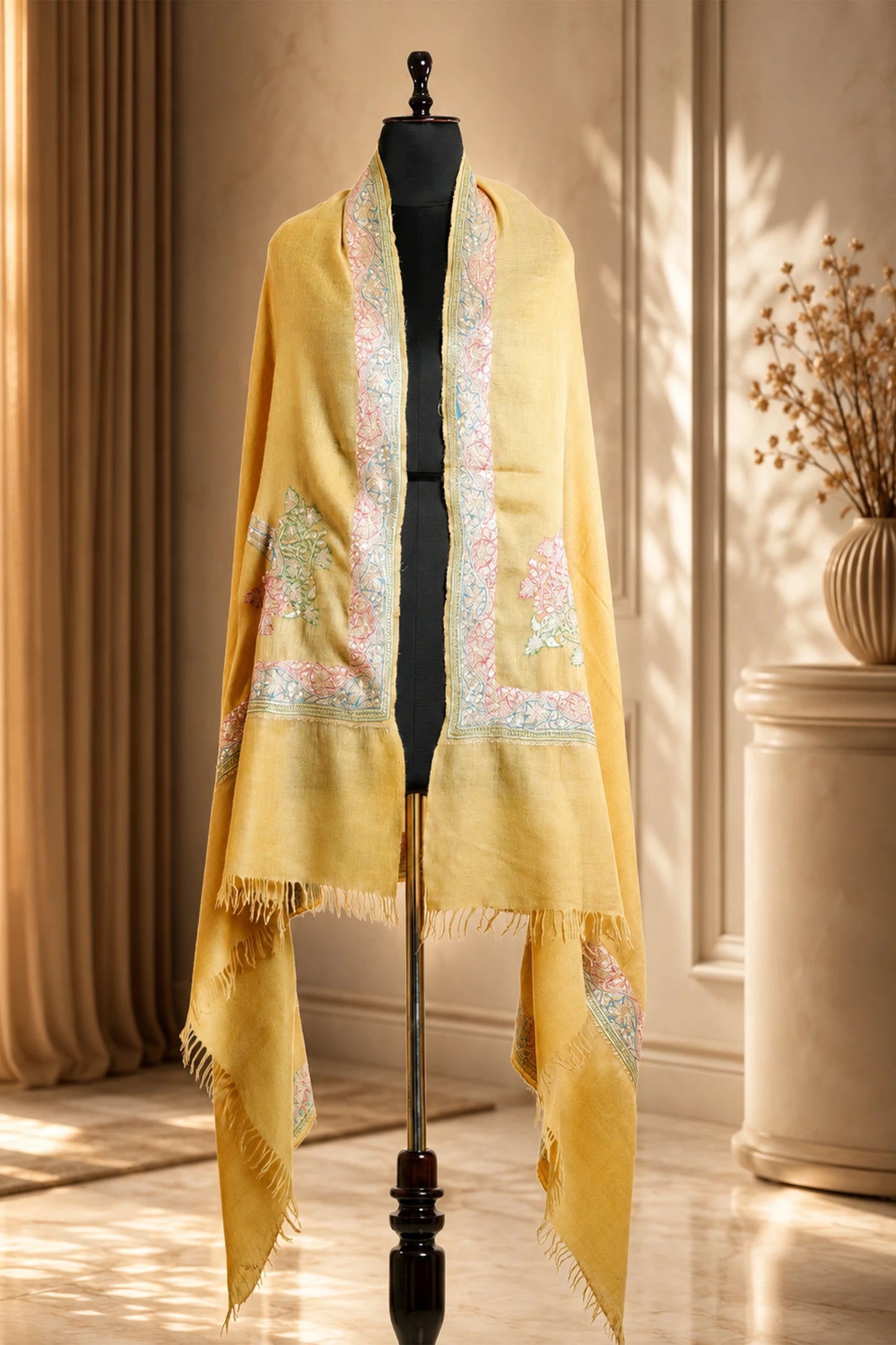Mustard Pashmina Shawl with Multicolor Tilla Border