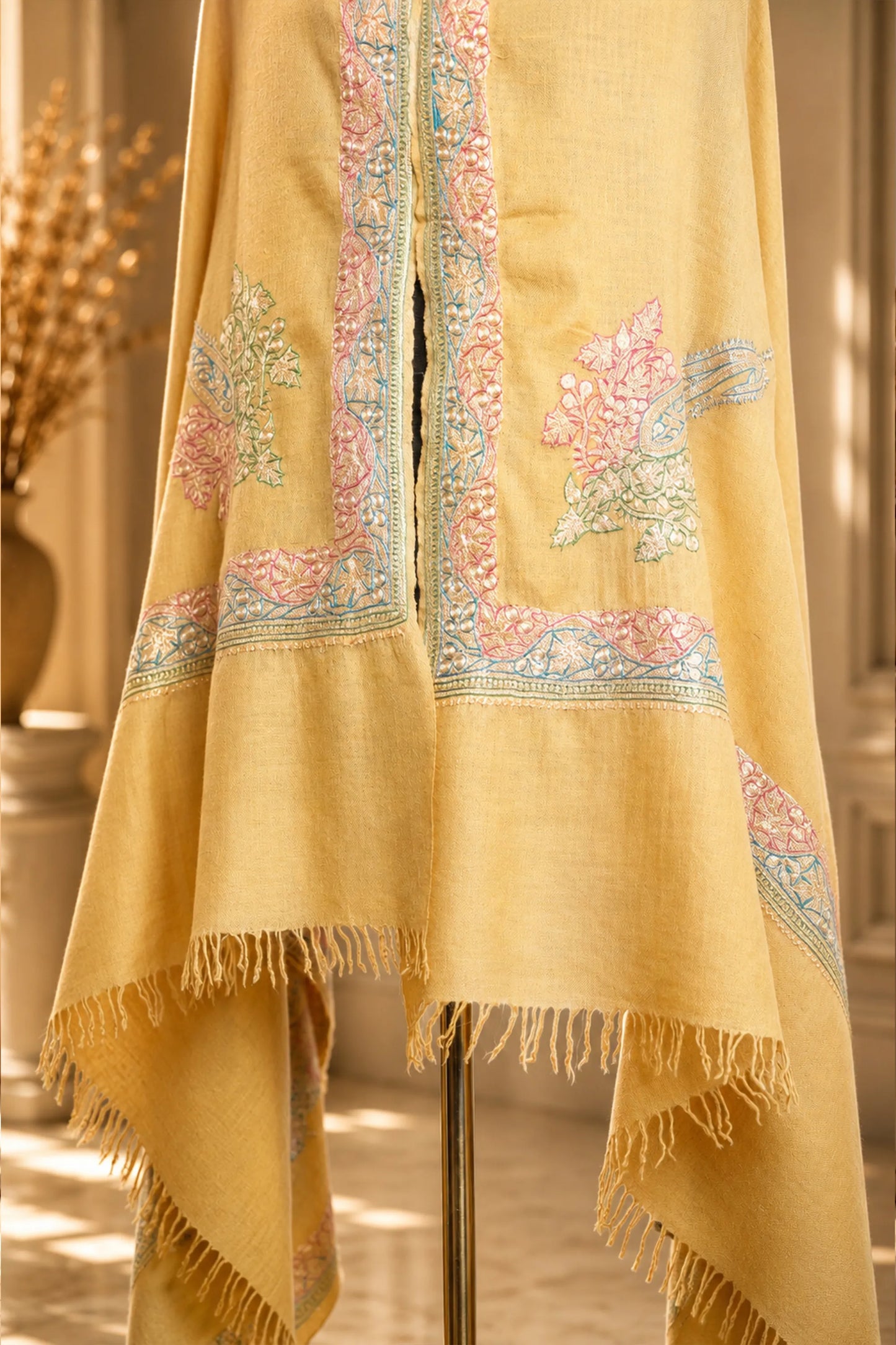 Mustard Pashmina Shawl with Multicolor Tilla Border