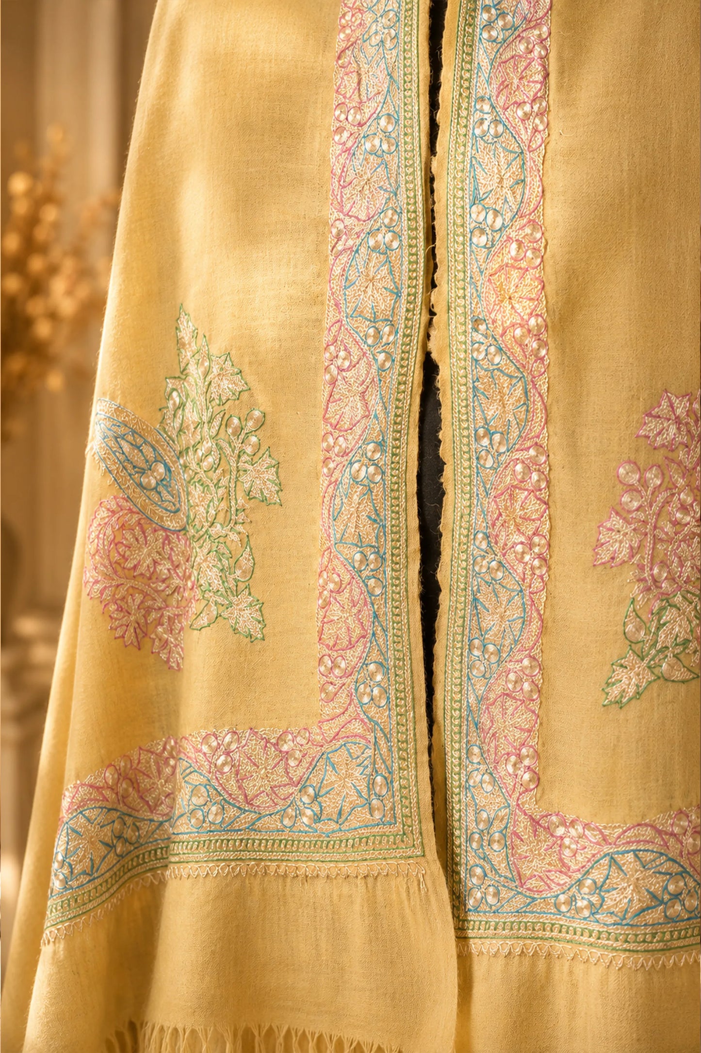 Mustard Pashmina Shawl with Multicolor Tilla Border