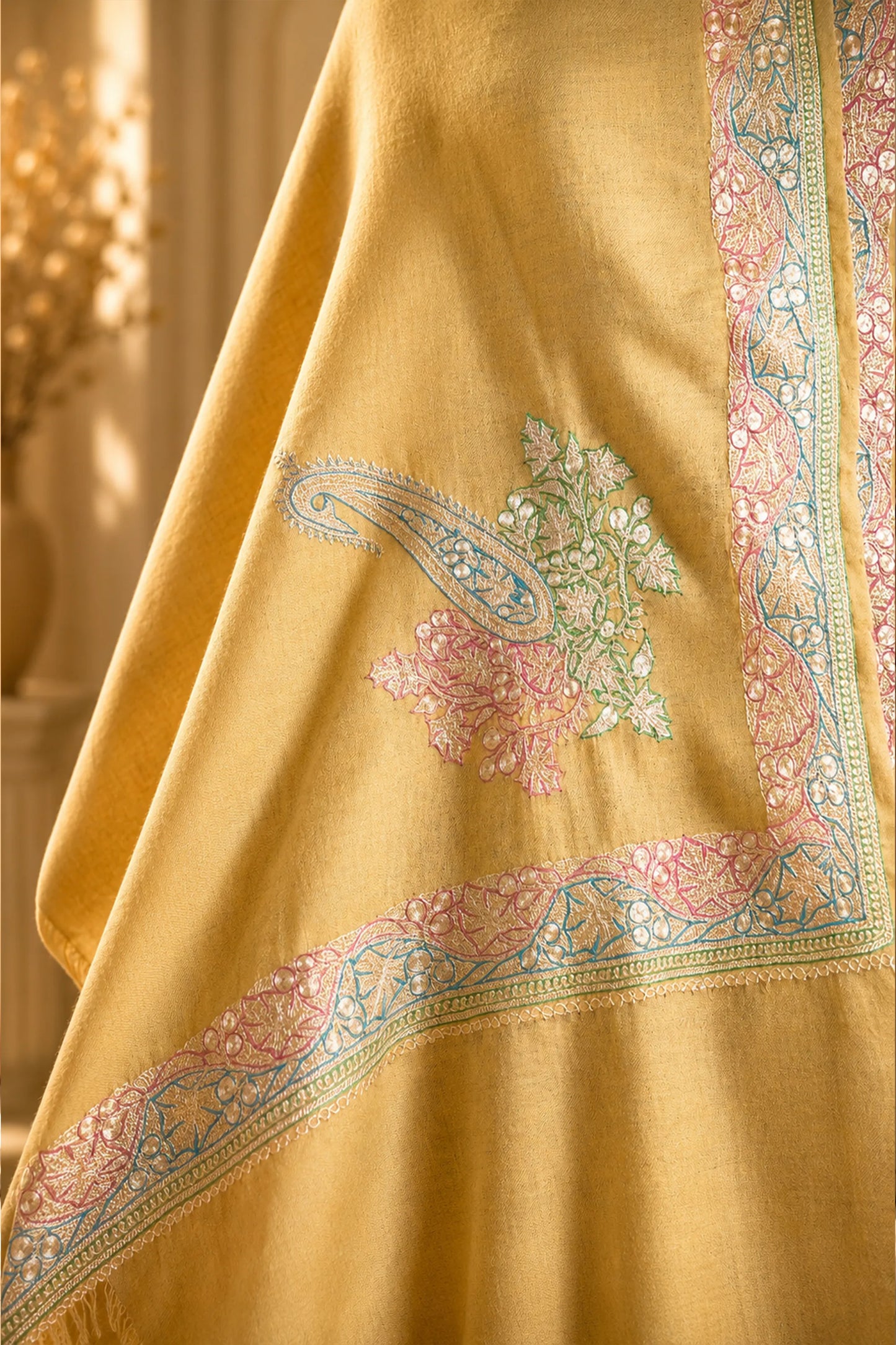 Mustard Pashmina Shawl with Multicolor Tilla Border