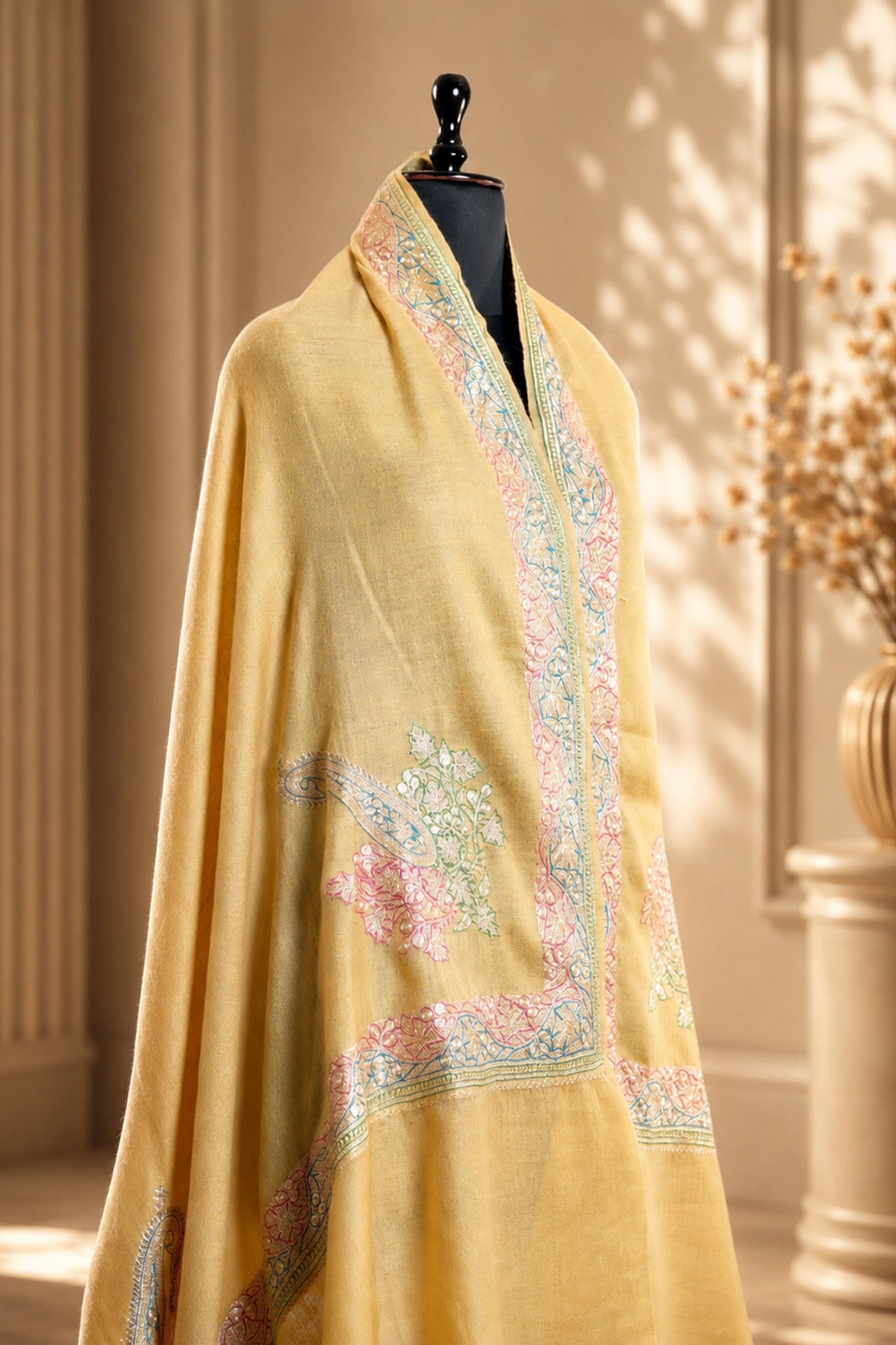 Mustard Pashmina Shawl with Multicolor Tilla Border